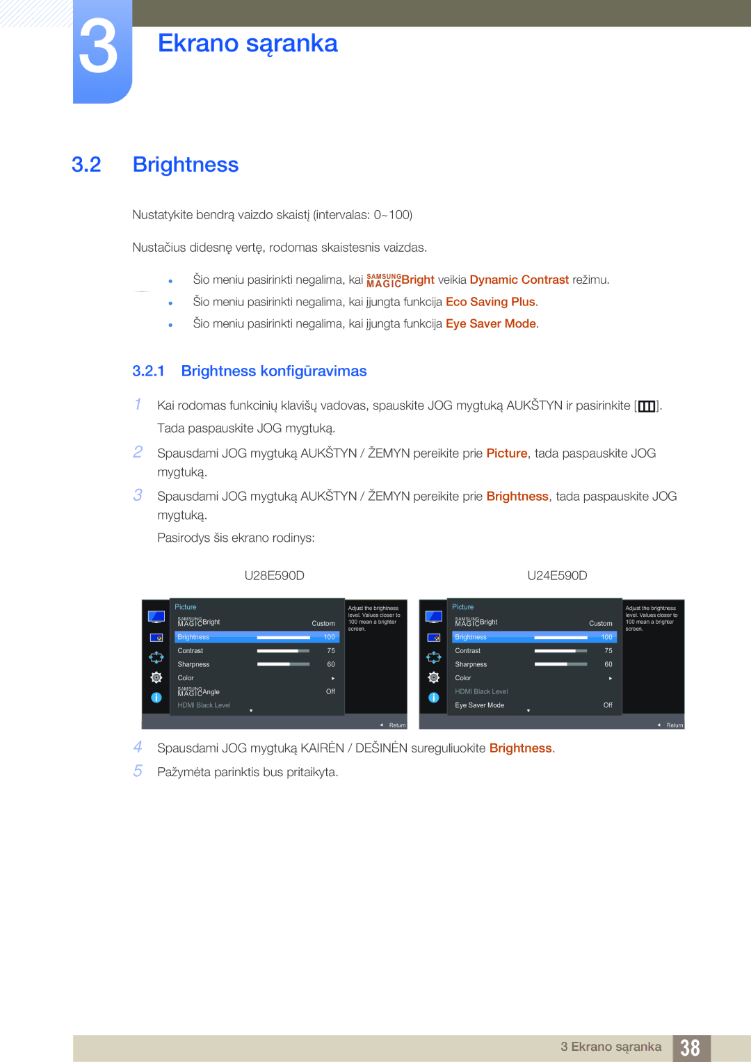 Samsung LU24E590DS/EN, LU28E590DS/EN manual Brightness konfigūravimas 