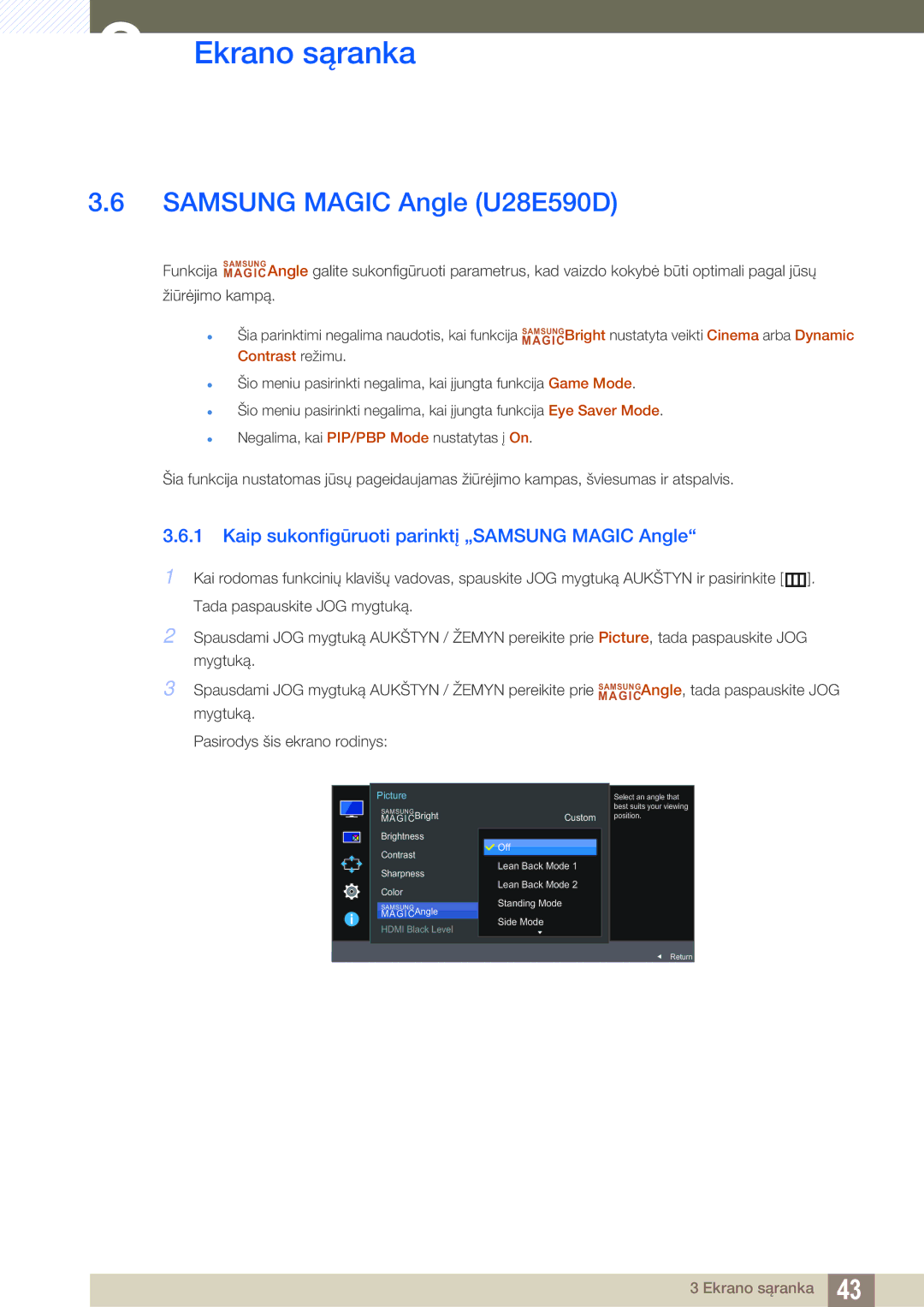 Samsung LU28E590DS/EN, LU24E590DS/EN manual Samsung Magic Angle U28E590D, Kaip sukonfigūruoti parinktį „SAMSUNG Magic Angle 