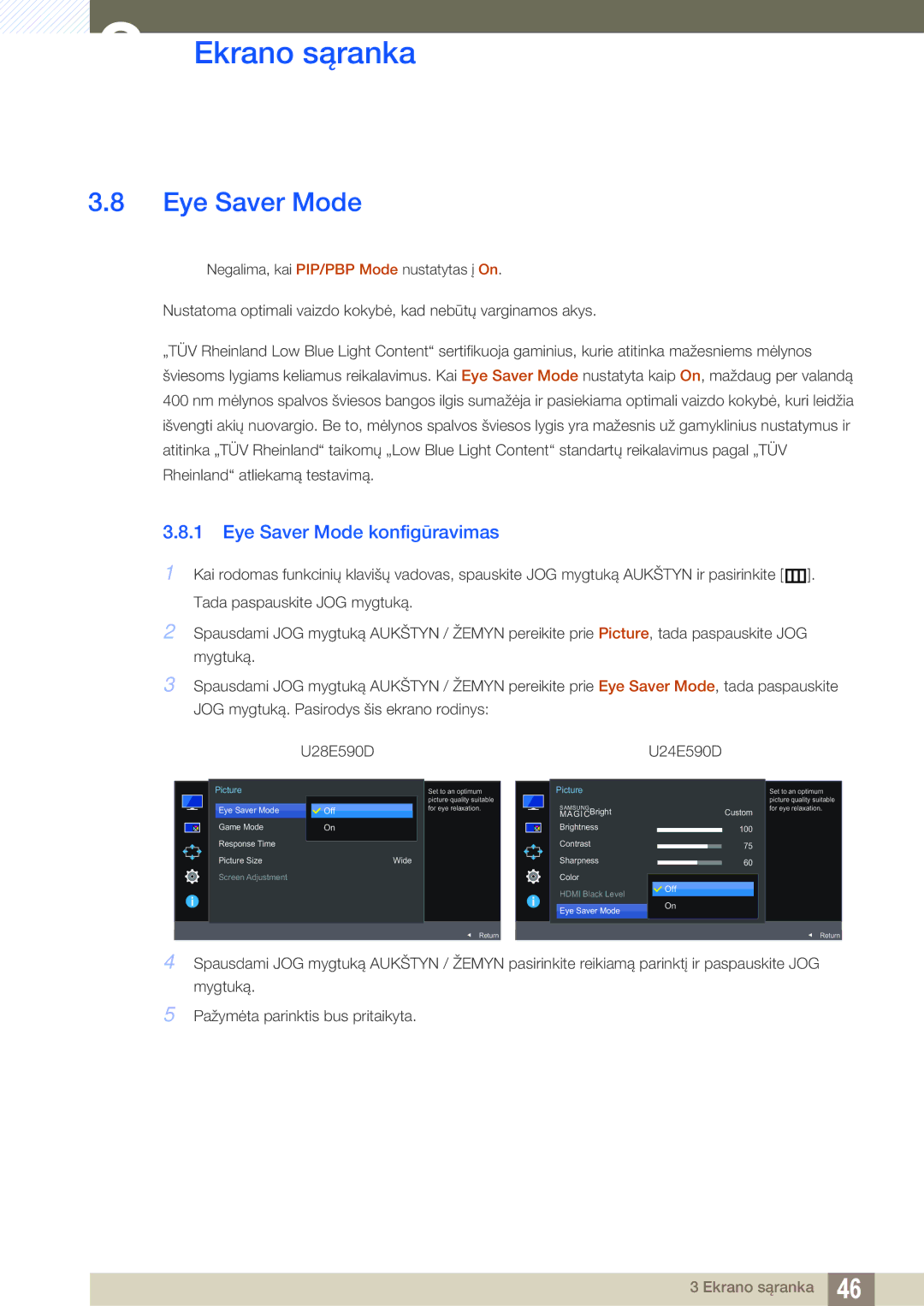 Samsung LU24E590DS/EN, LU28E590DS/EN manual Eye Saver Mode konfigūravimas 