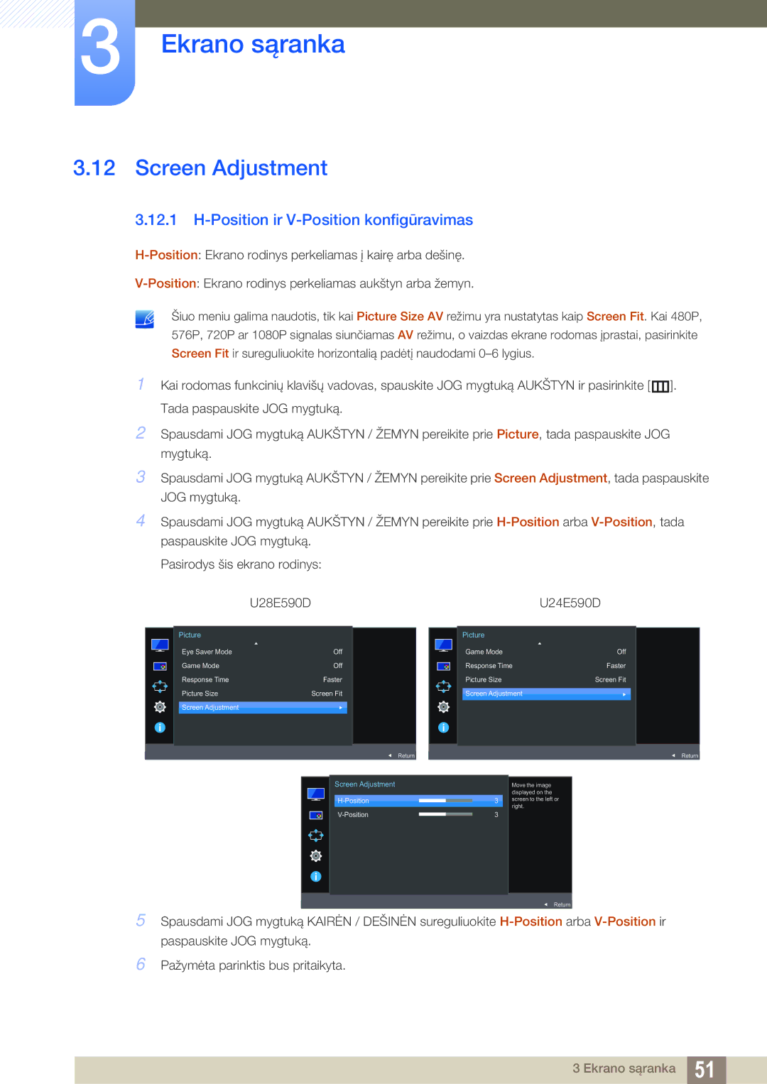 Samsung LU28E590DS/EN, LU24E590DS/EN manual Screen Adjustment, Position ir V-Position konfigūravimas 