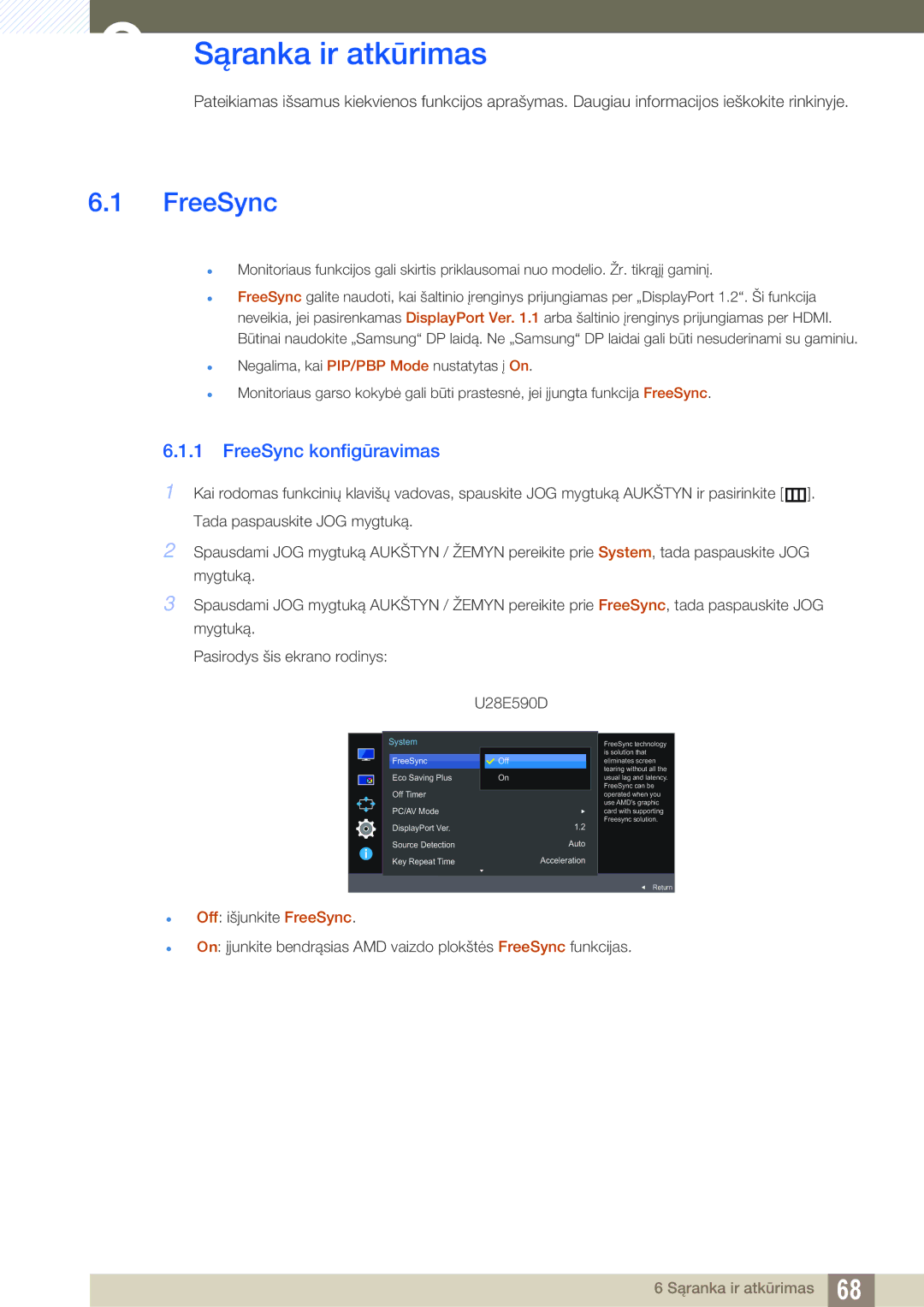 Samsung LU24E590DS/EN, LU28E590DS/EN manual Sąranka ir atkūrimas, FreeSync konfigūravimas 