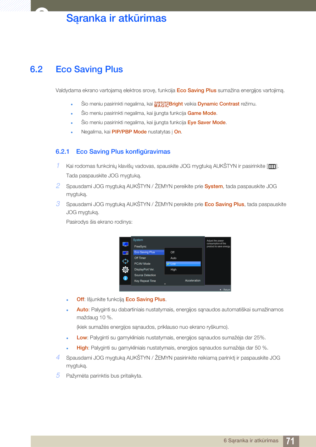 Samsung LU28E590DS/EN, LU24E590DS/EN manual Eco Saving Plus konfigūravimas 