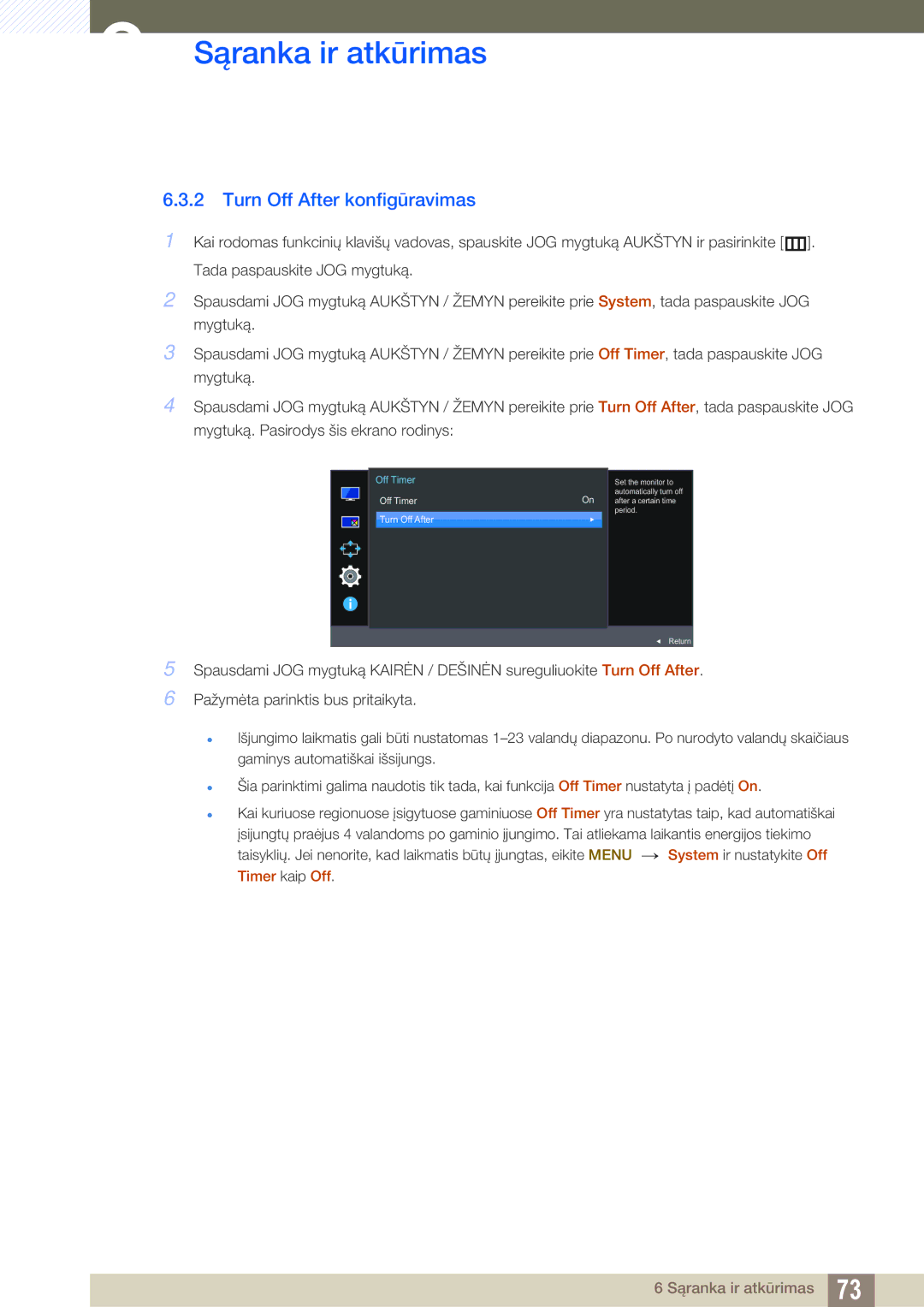 Samsung LU28E590DS/EN, LU24E590DS/EN manual Turn Off After konfigūravimas, Off Timer 