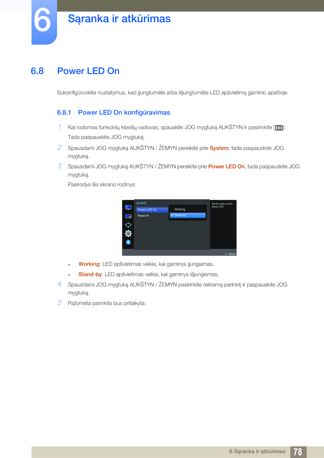 Samsung LU24E590DS/EN, LU28E590DS/EN manual Power LED On konfigūravimas 