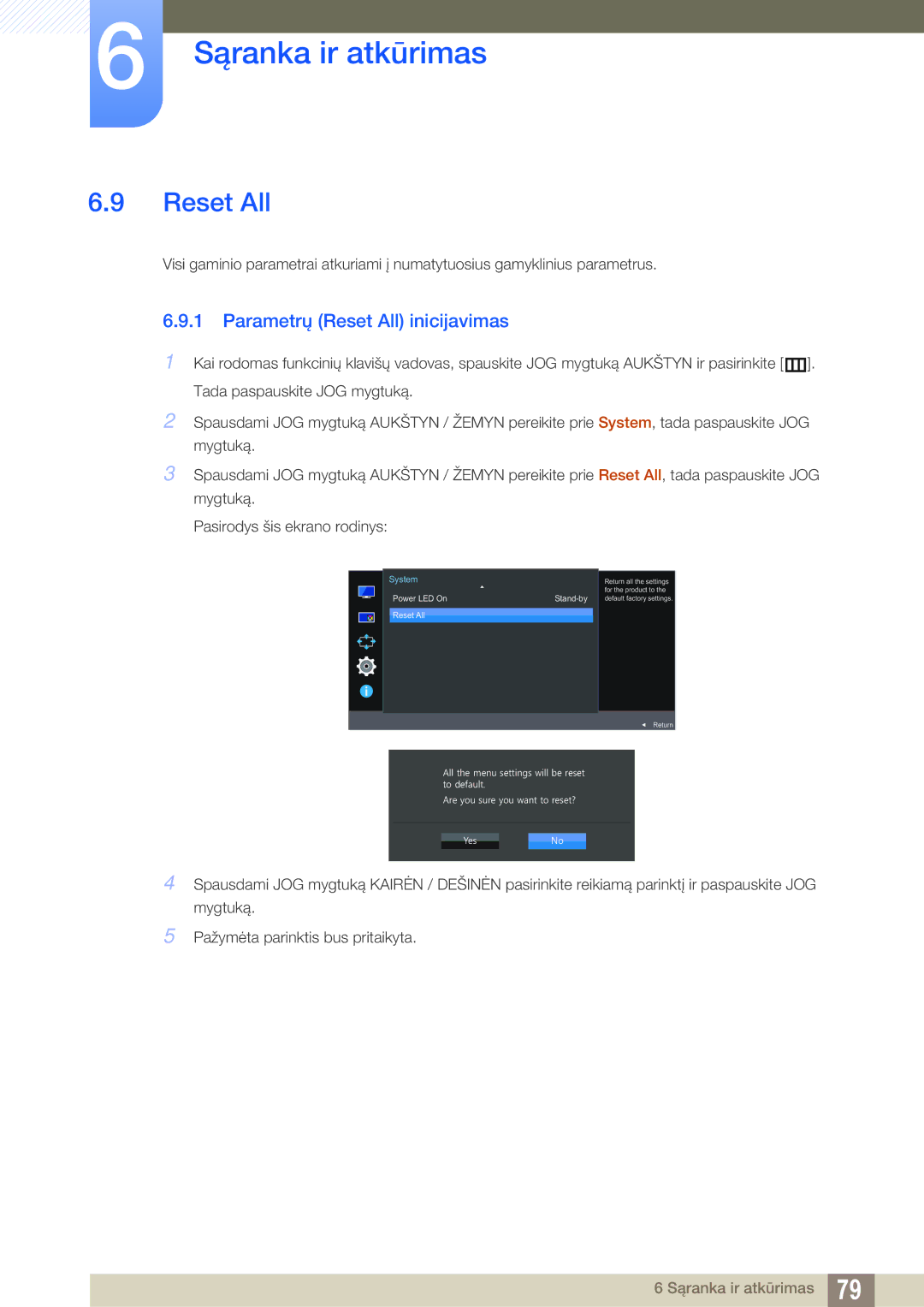 Samsung LU28E590DS/EN, LU24E590DS/EN manual Parametrų Reset All inicijavimas 