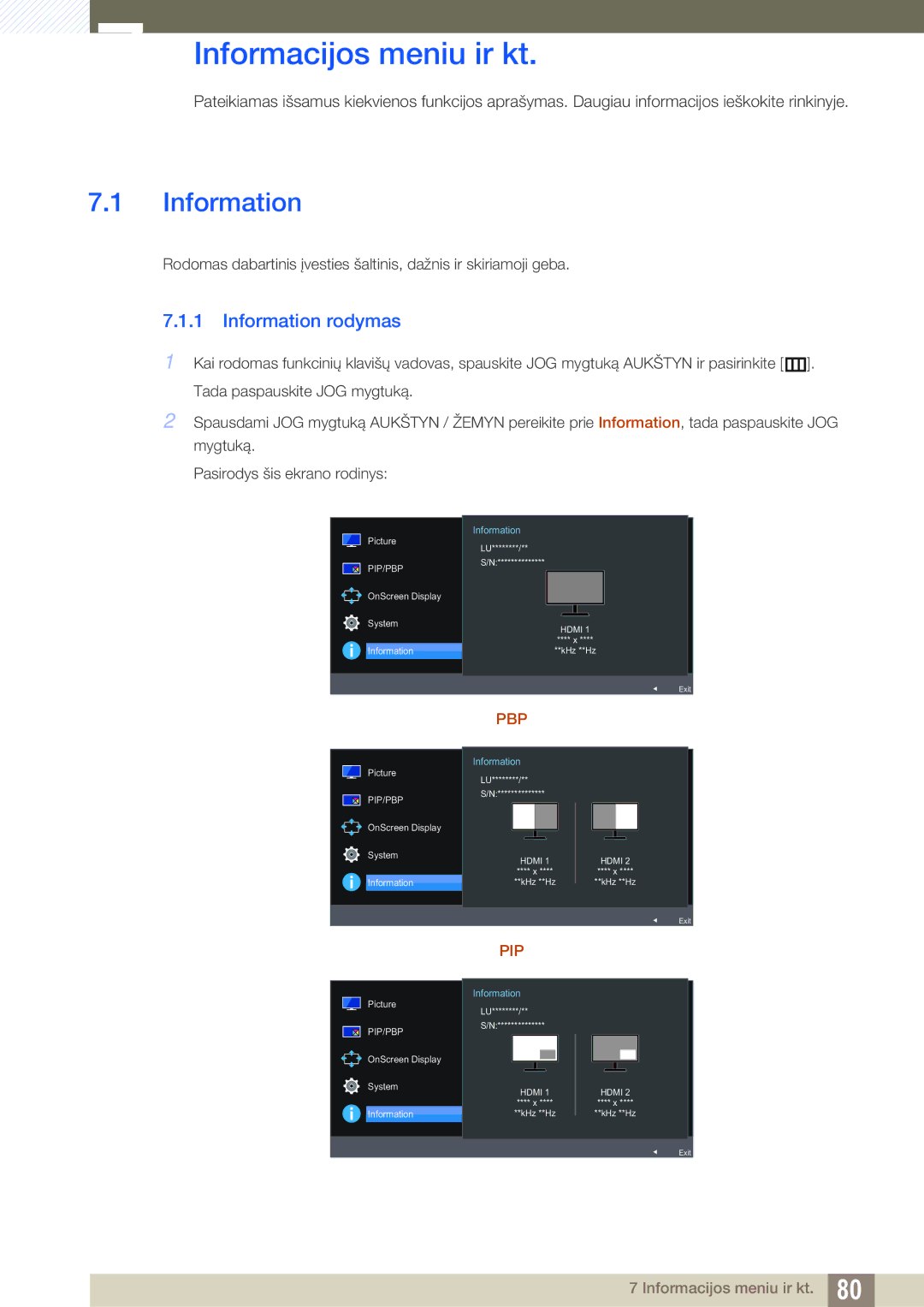 Samsung LU24E590DS/EN, LU28E590DS/EN manual Informacijos meniu ir kt, Information rodymas 