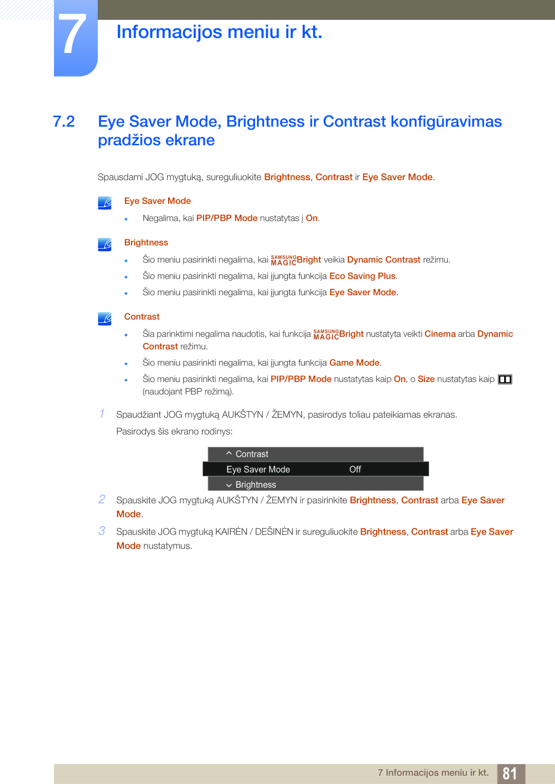 Samsung LU28E590DS/EN, LU24E590DS/EN manual Contrast Eye Saver Mode Off Brightness 