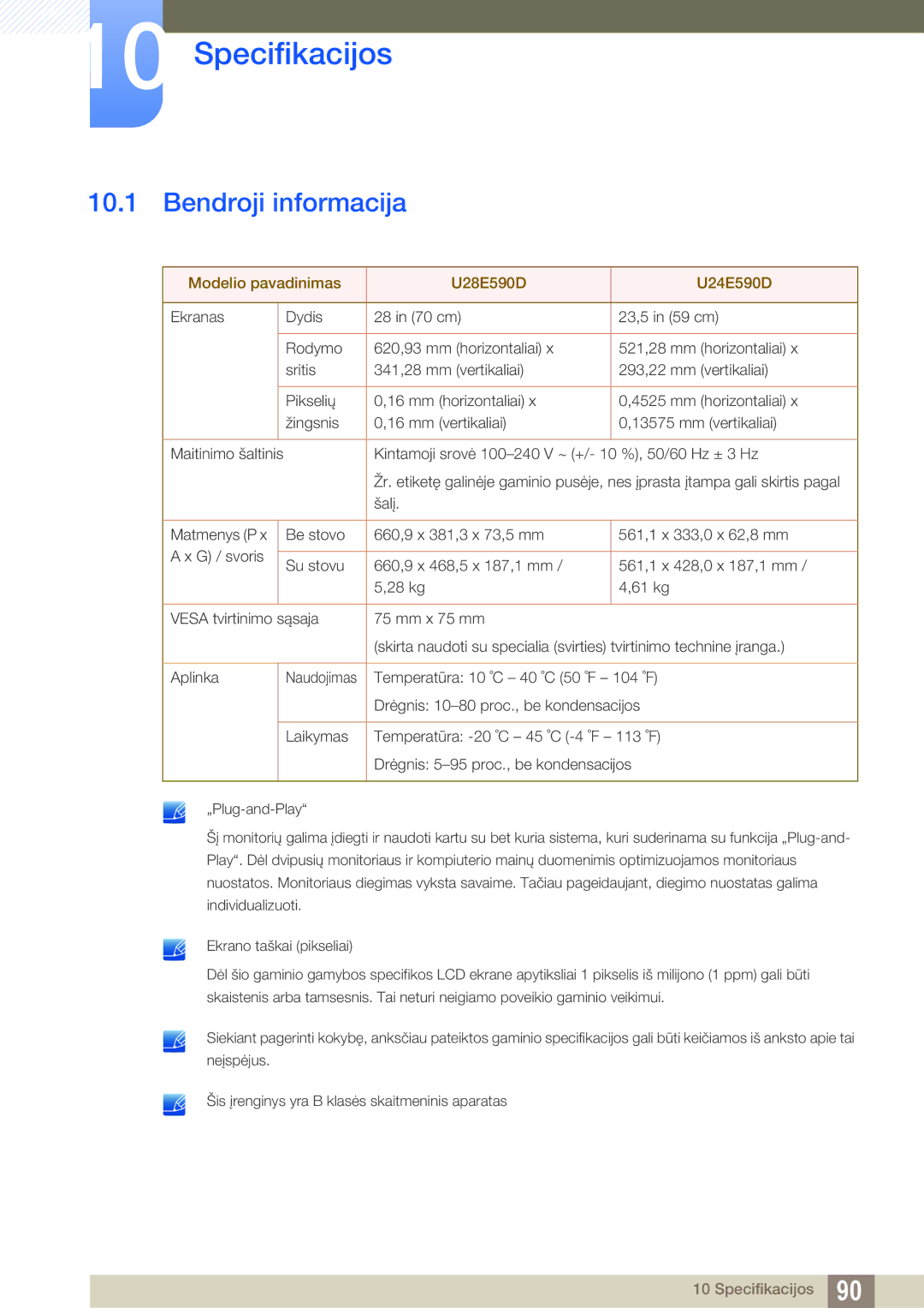 Samsung LU24E590DS/EN, LU28E590DS/EN manual Specifikacijos, Bendroji informacija 