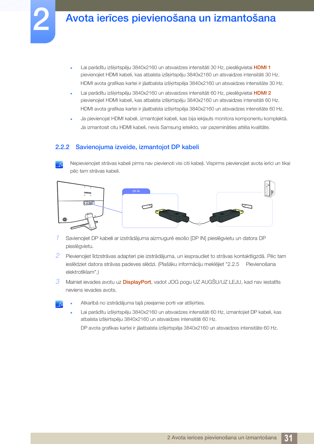 Samsung LU28E590DS/EN, LU24E590DS/EN manual Savienojuma izveide, izmantojot DP kabeli 