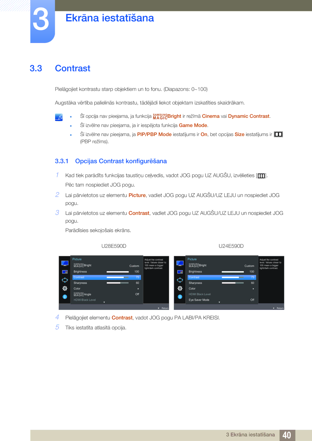 Samsung LU24E590DS/EN, LU28E590DS/EN manual Opcijas Contrast konfigurēšana 