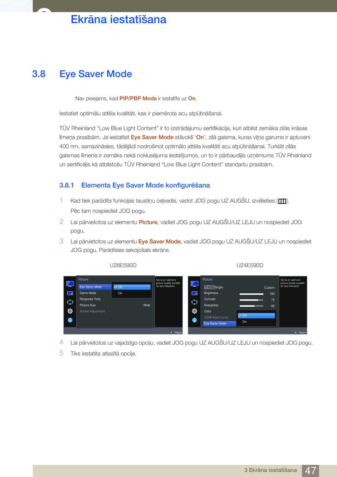 Samsung LU28E590DS/EN, LU24E590DS/EN manual Elementa Eye Saver Mode konfigurēšana 