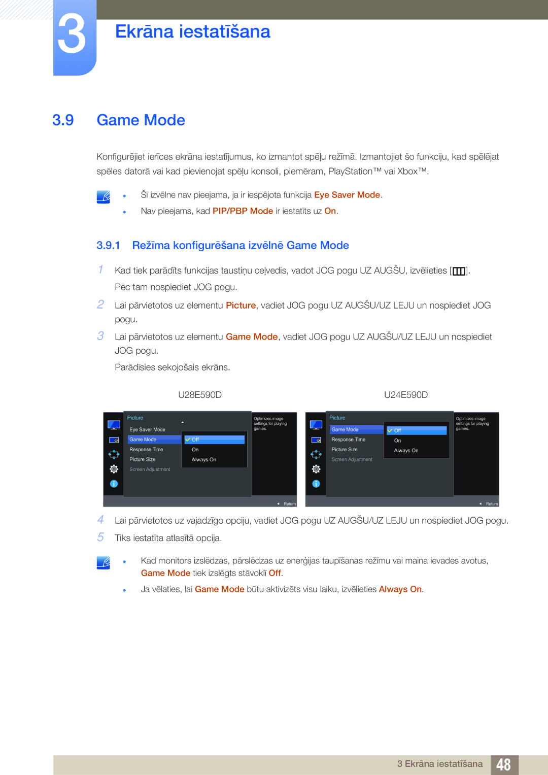 Samsung LU24E590DS/EN, LU28E590DS/EN manual 1 Režīma konfigurēšana izvēlnē Game Mode 