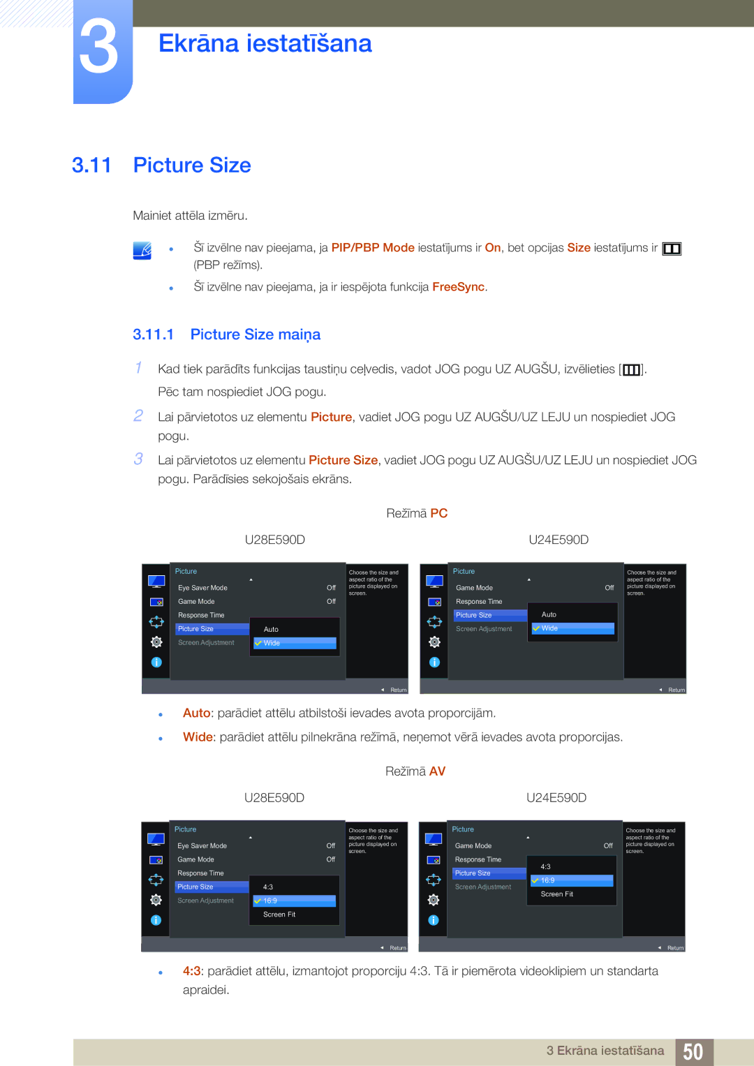 Samsung LU24E590DS/EN, LU28E590DS/EN manual Picture Size maiņa 