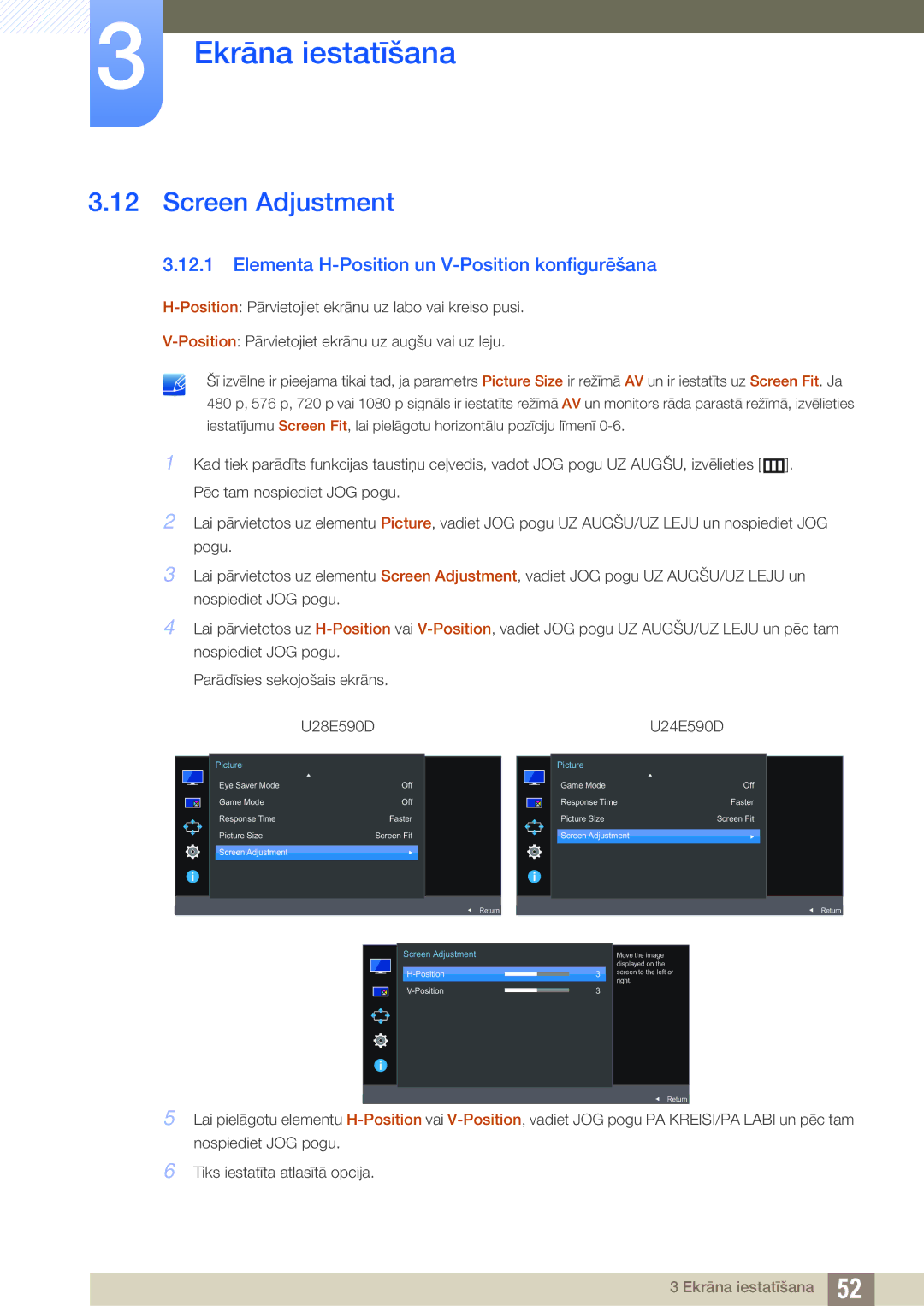 Samsung LU24E590DS/EN, LU28E590DS/EN manual Screen Adjustment, Elementa H-Position un V-Position konfigurēšana 