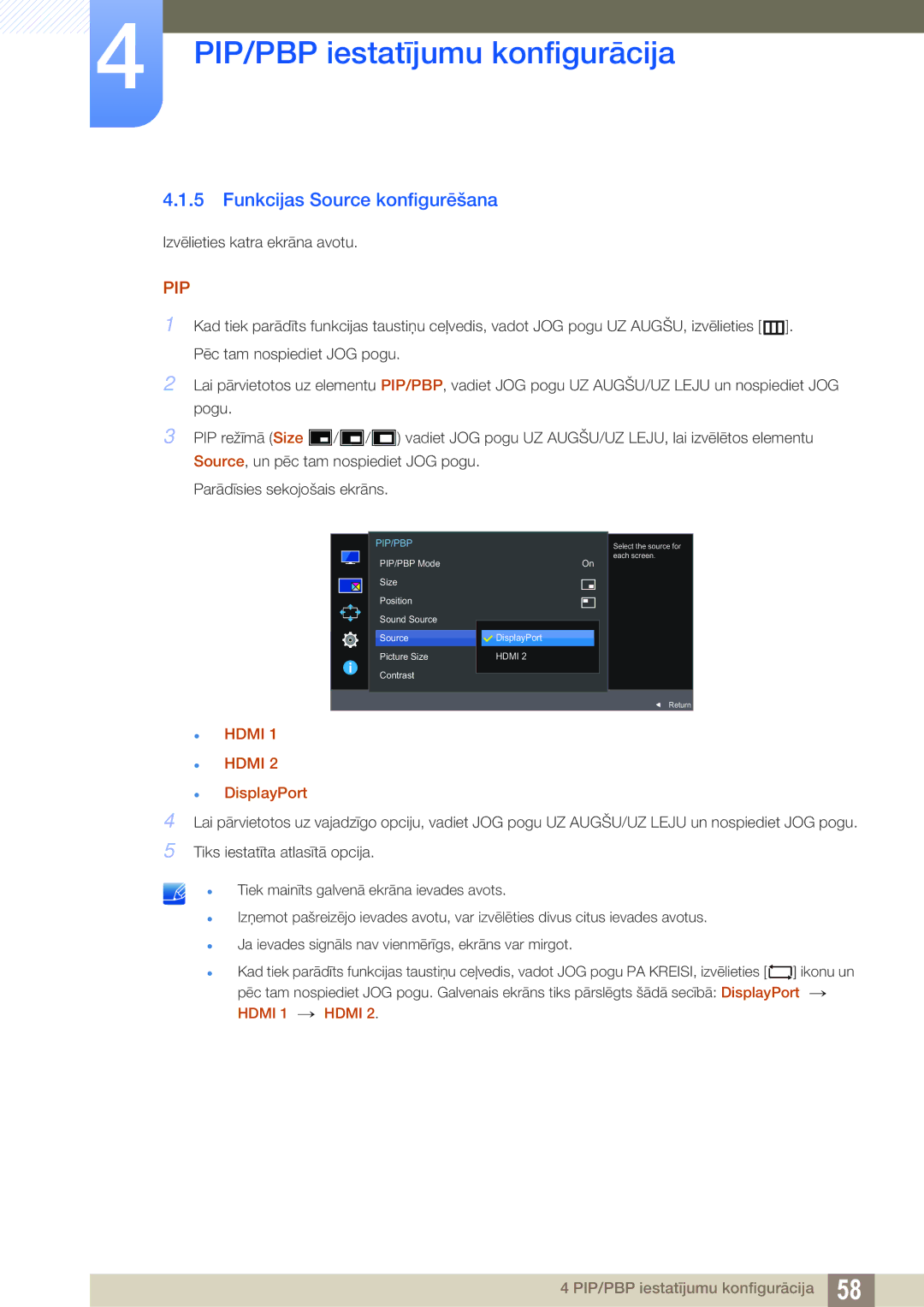 Samsung LU24E590DS/EN, LU28E590DS/EN manual Funkcijas Source konfigurēšana, Pip 