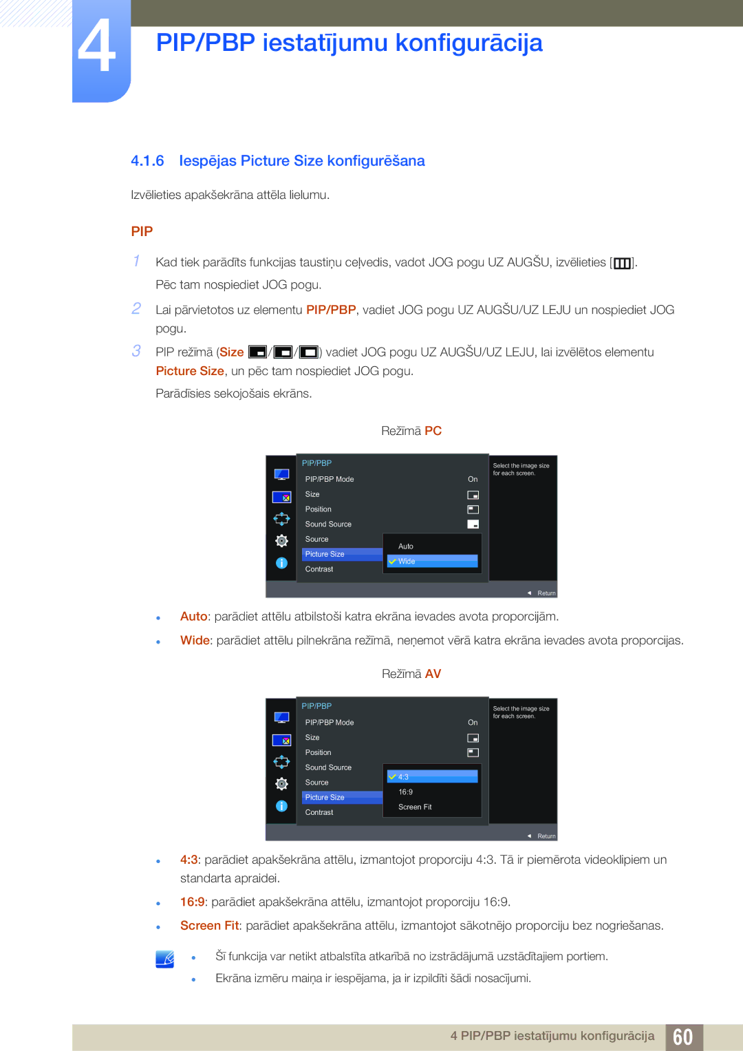 Samsung LU24E590DS/EN, LU28E590DS/EN manual Iespējas Picture Size konfigurēšana 