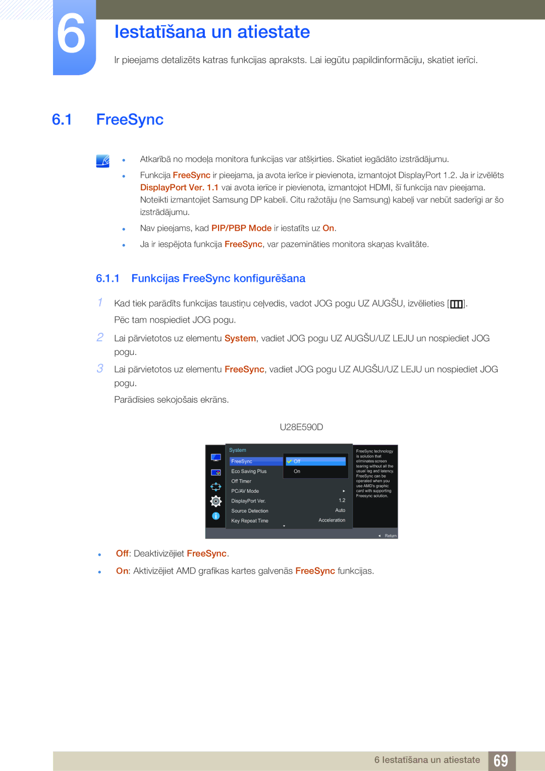 Samsung LU28E590DS/EN, LU24E590DS/EN manual Iestatīšana un atiestate, Funkcijas FreeSync konfigurēšana 