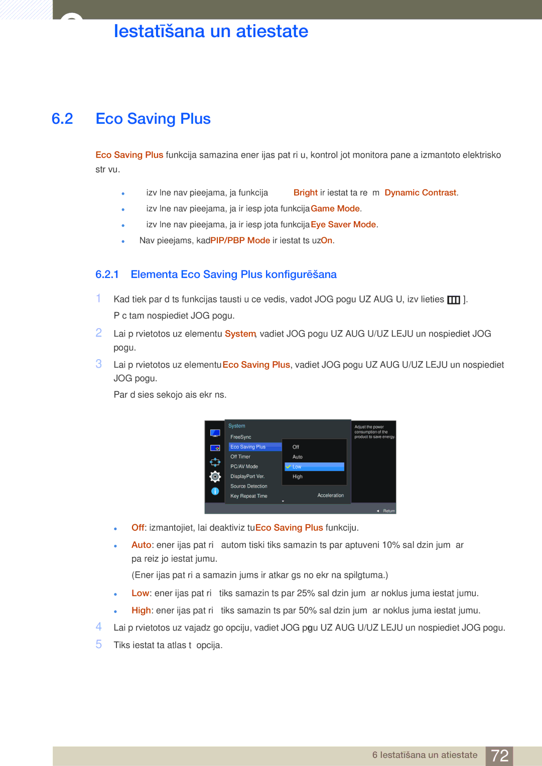 Samsung LU24E590DS/EN, LU28E590DS/EN manual Elementa Eco Saving Plus konfigurēšana 