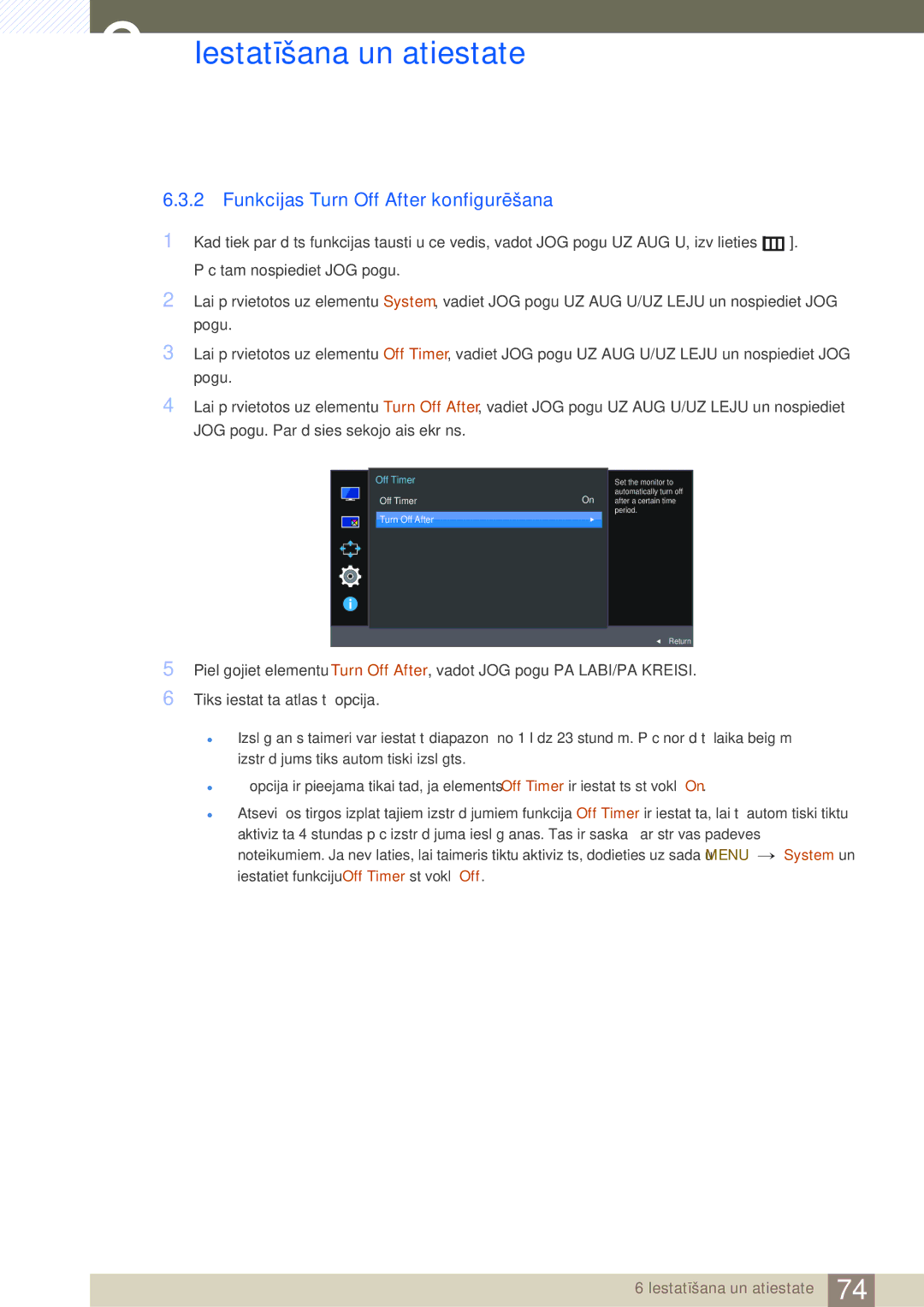 Samsung LU24E590DS/EN, LU28E590DS/EN manual Funkcijas Turn Off After konfigurēšana, Off Timer 