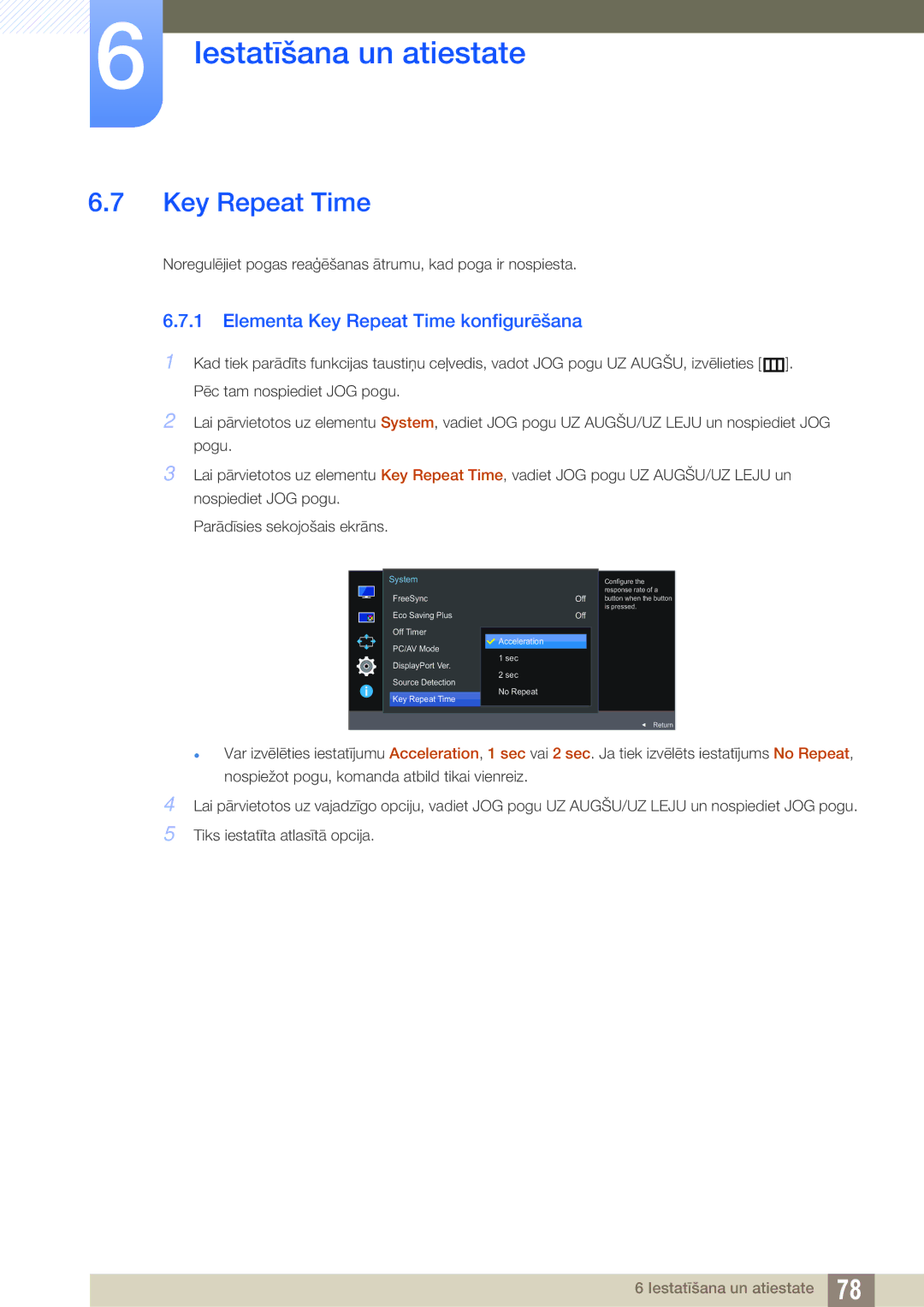 Samsung LU24E590DS/EN, LU28E590DS/EN manual Elementa Key Repeat Time konfigurēšana 