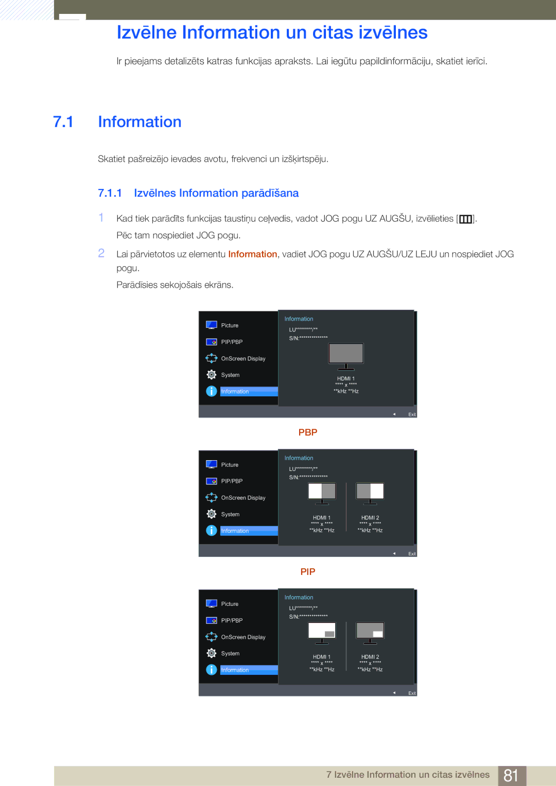 Samsung LU28E590DS/EN, LU24E590DS/EN manual Izvēlne Information un citas izvēlnes, 1 Izvēlnes Information parādīšana 