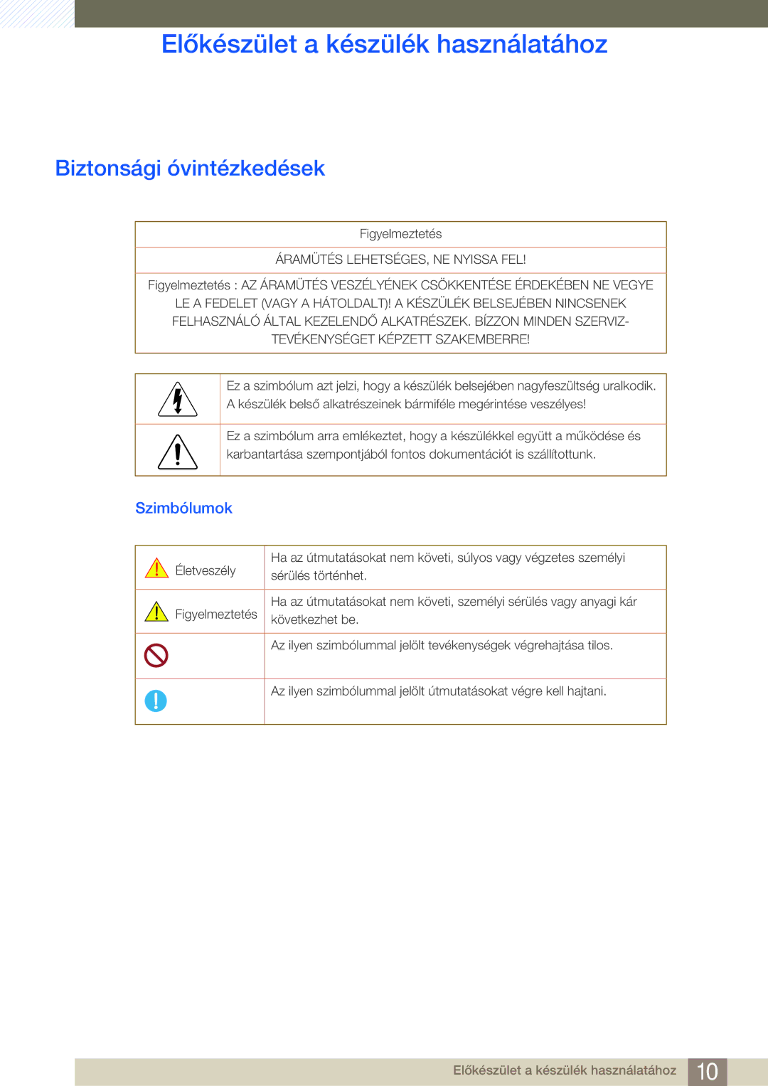 Samsung LU24E590DS/EN, LU28E590DS/EN manual Biztonsági óvintézkedések, Szimbólumok 