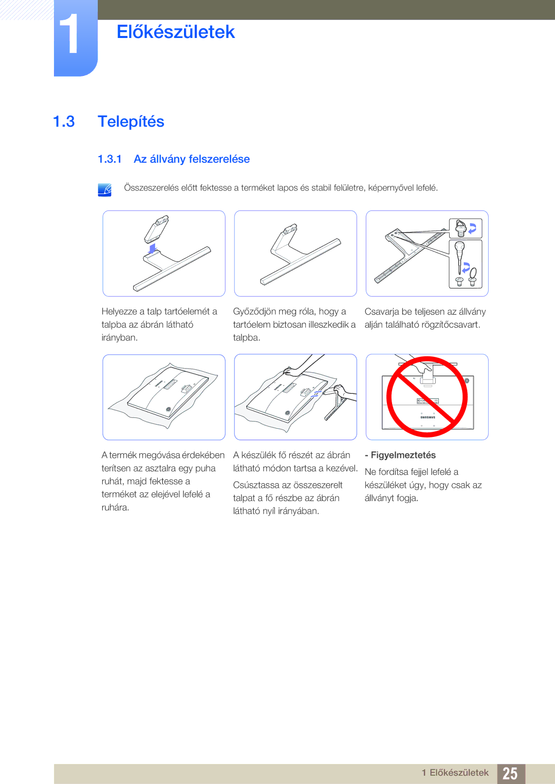 Samsung LU28E590DS/EN, LU24E590DS/EN manual Telepítés, 1 Az állvány felszerelése 