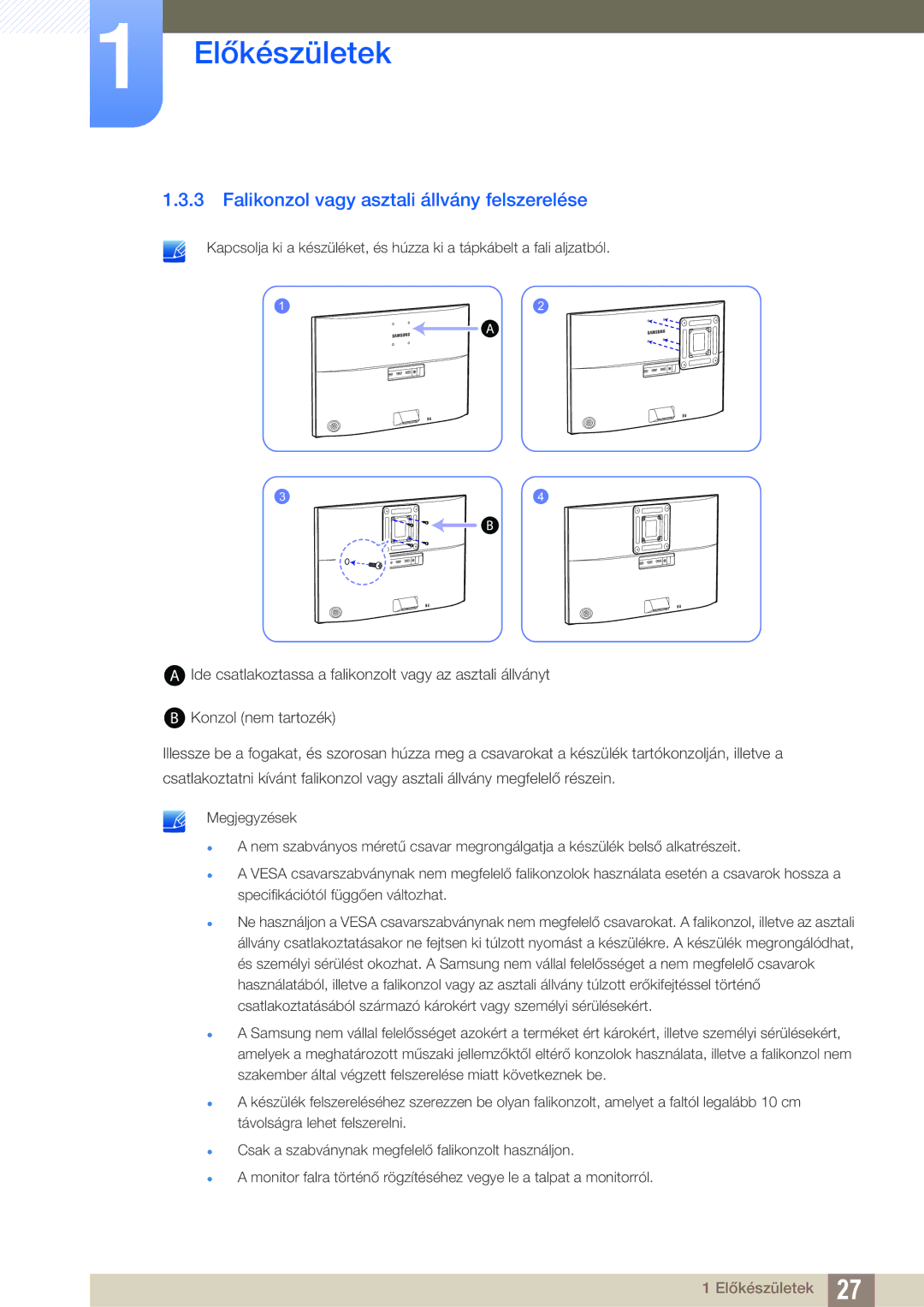 Samsung LU28E590DS/EN, LU24E590DS/EN manual Falikonzol vagy asztali állvány felszerelése 