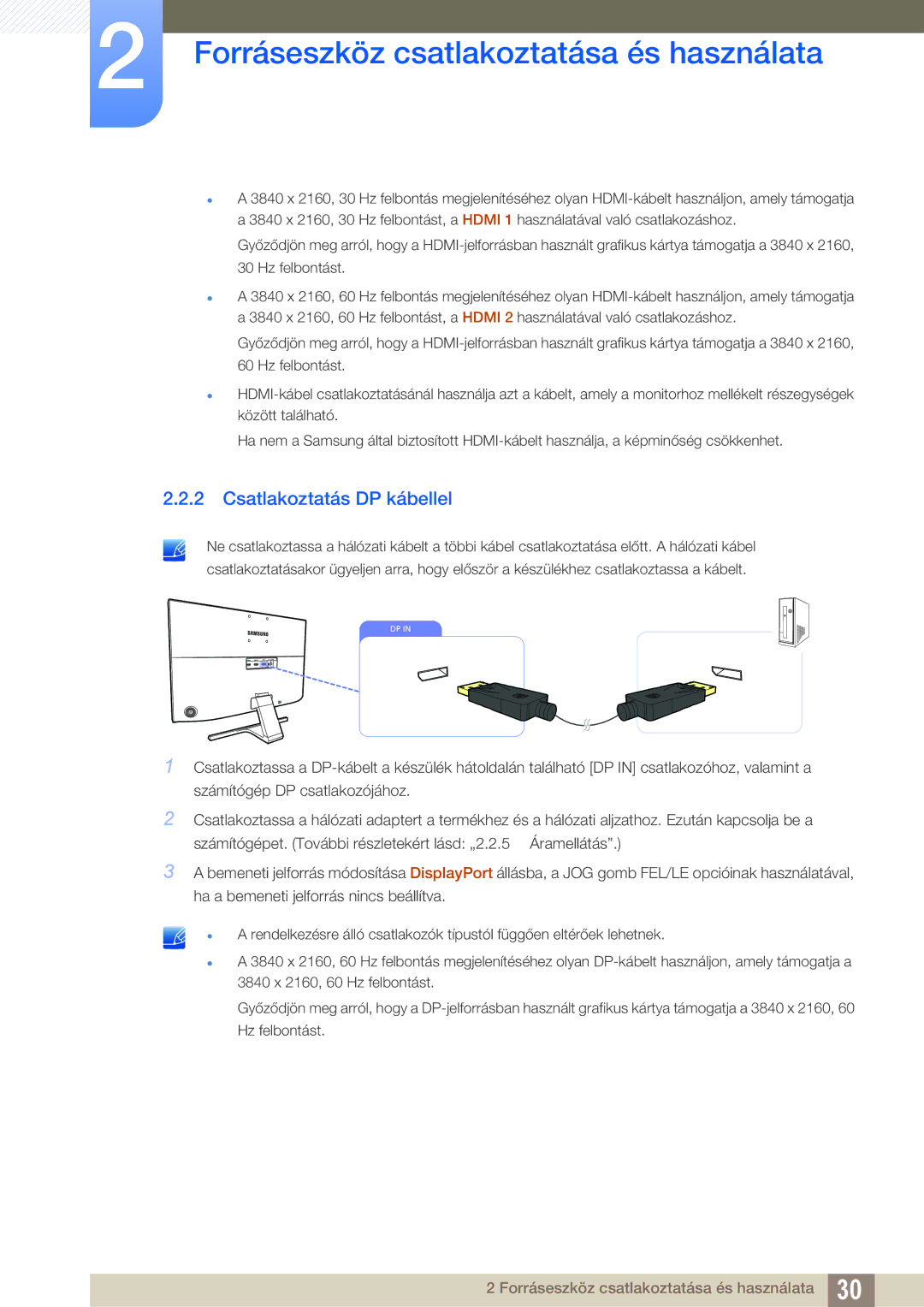 Samsung LU24E590DS/EN, LU28E590DS/EN manual Csatlakoztatás DP kábellel 