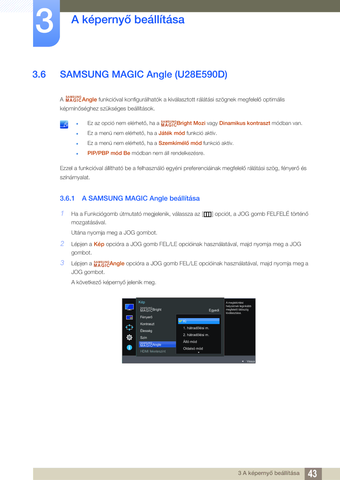 Samsung LU28E590DS/EN, LU24E590DS/EN manual Samsung Magic Angle U28E590D, Samsung Magic Angle beállítása 