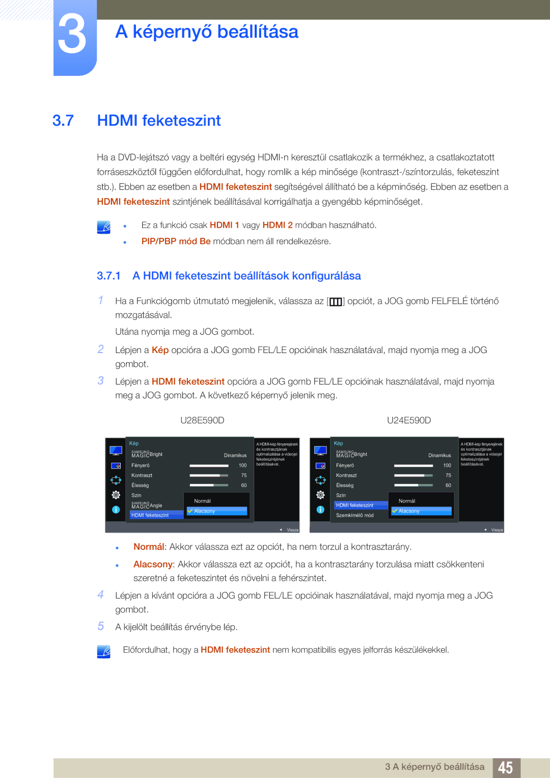 Samsung LU28E590DS/EN, LU24E590DS/EN manual Hdmi feketeszint beállítások konfigurálása 