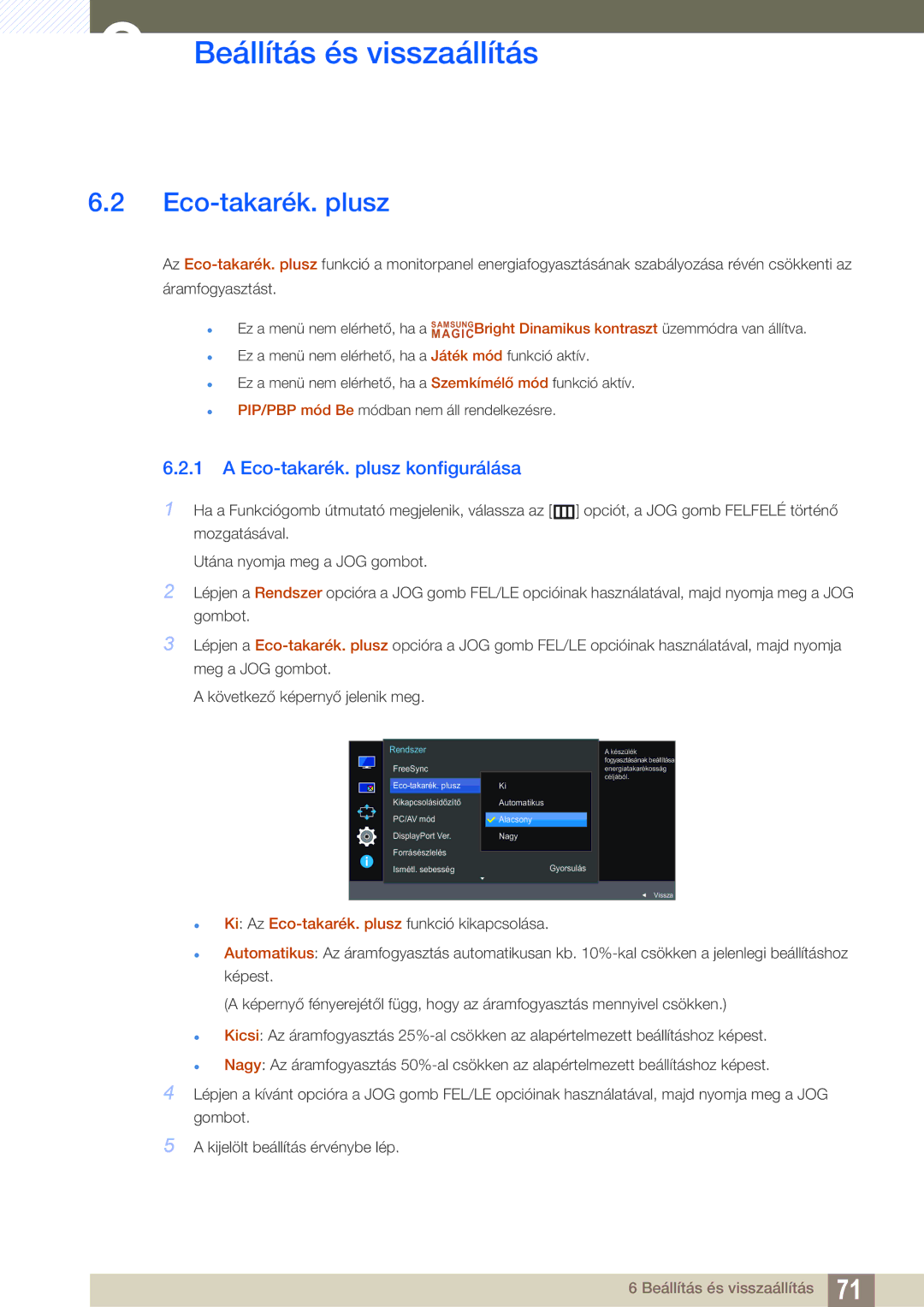 Samsung LU28E590DS/EN, LU24E590DS/EN manual Eco-takarék. plusz konfigurálása 