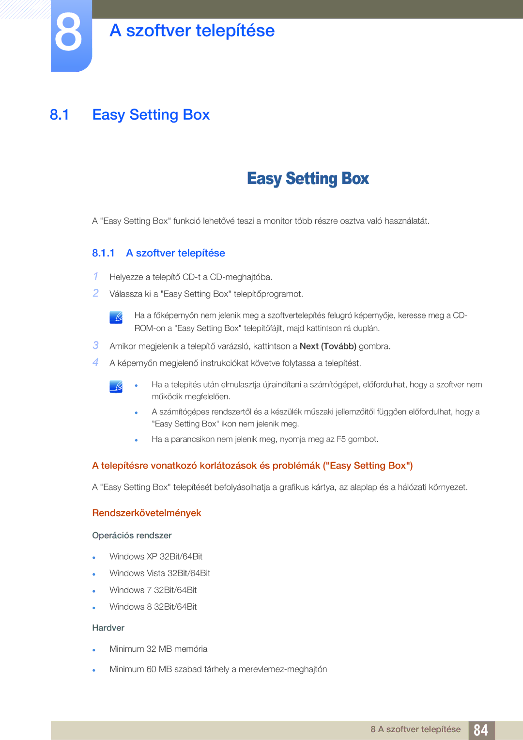 Samsung LU24E590DS/EN, LU28E590DS/EN manual Szoftver telepítése, Easy Setting Box 