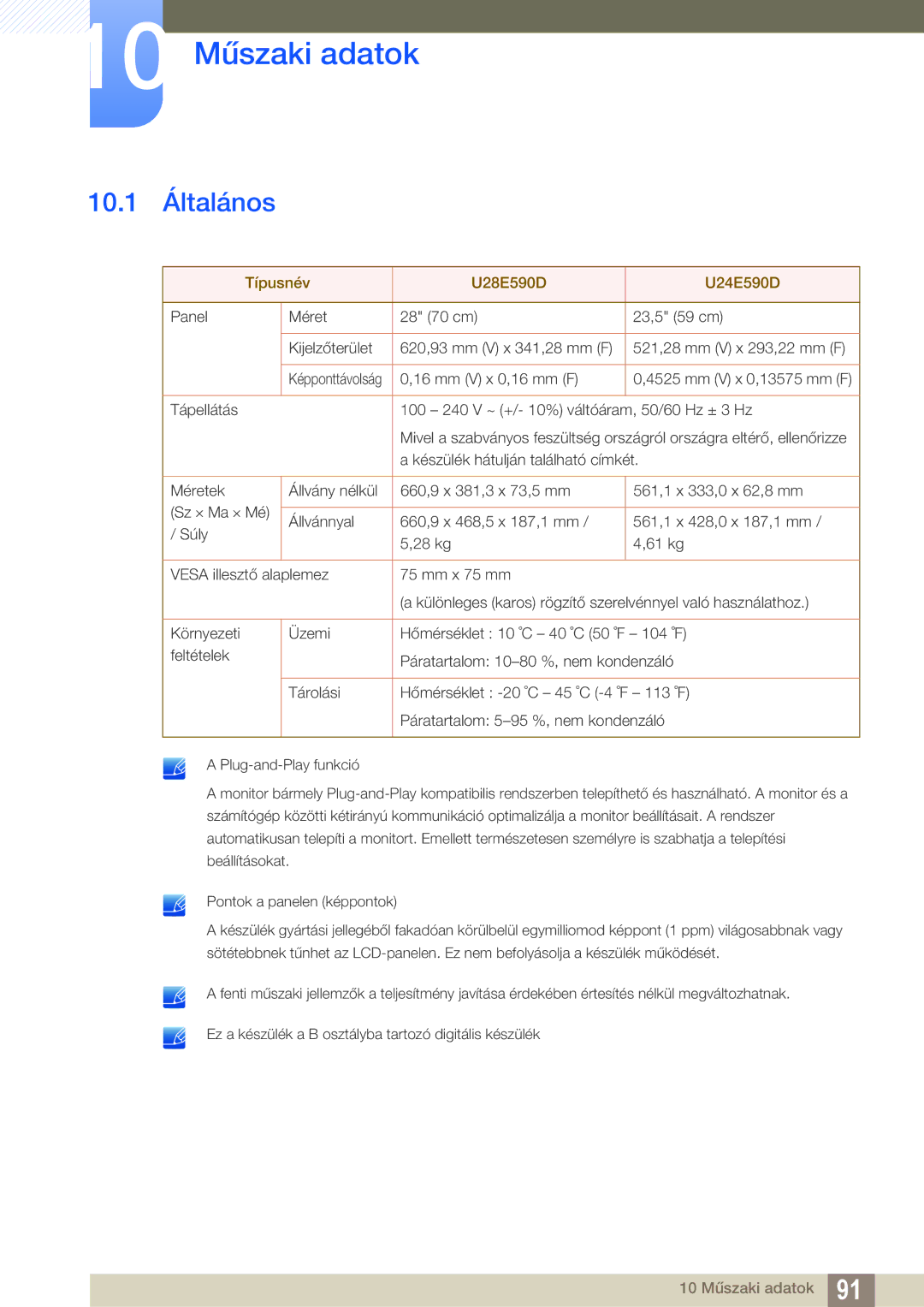 Samsung LU28E590DS/EN, LU24E590DS/EN manual 10 Műszaki adatok, 10.1 Általános 