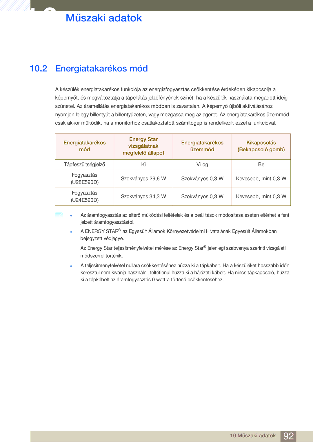 Samsung LU24E590DS/EN, LU28E590DS/EN manual Energiatakarékos mód 