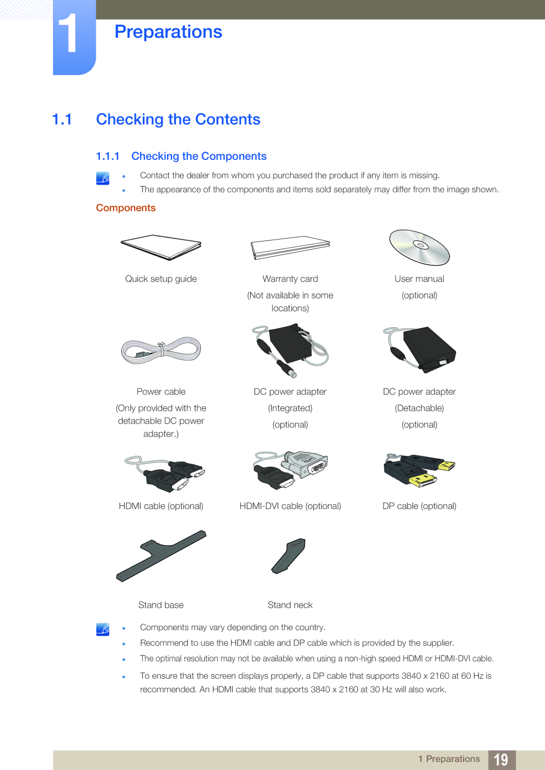 Samsung LU28D590DS/CI, LU28D590DS/EN, LU28D590DS/UE, LU28D590DSG/XV, LU28D590DS/XV manual Preparations, Checking the Contents 