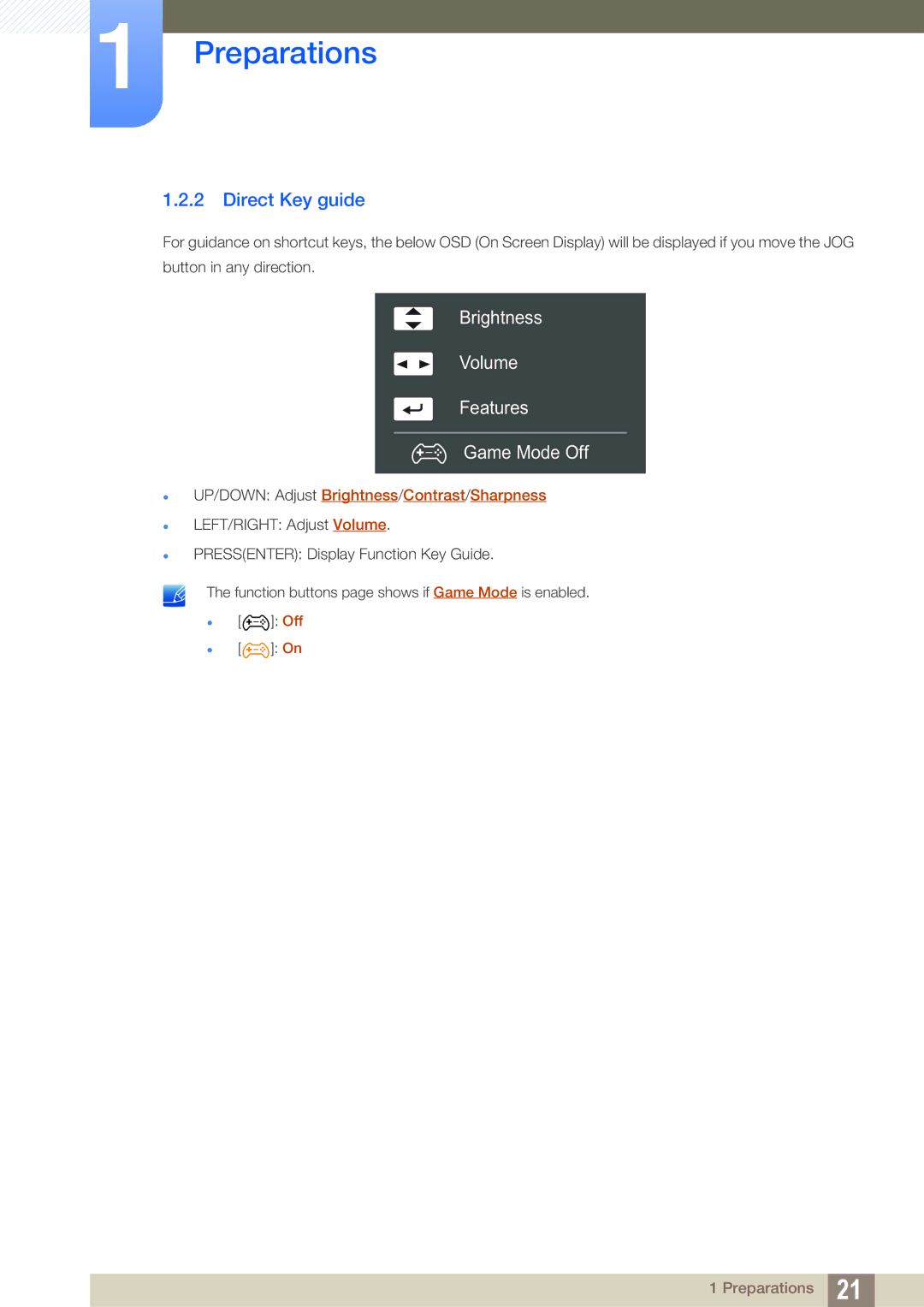 Samsung LU28D590DS/EN, LU28D590DS/UE, LU28D590DSG/XV manual Direct Key guide, Brightness Volume Features Game Mode Off 