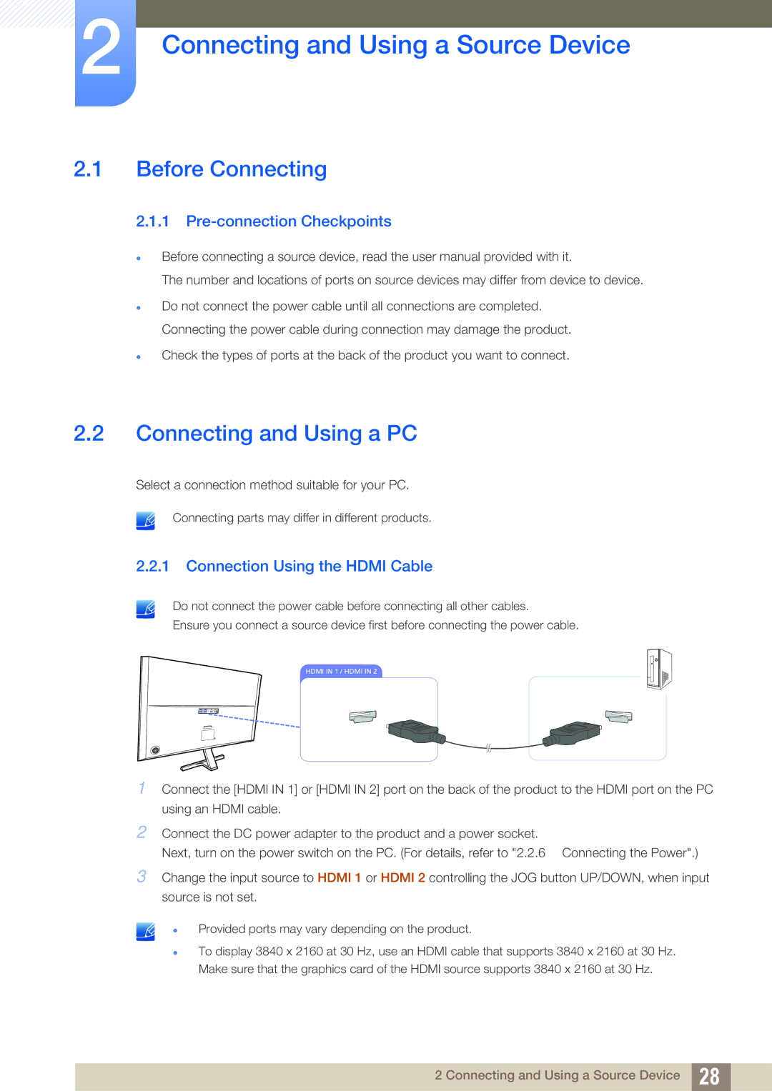 Samsung LU28D590DS/EN, LU28D590DS/UE Connecting and Using a Source Device, Before Connecting, Connecting and Using a PC 