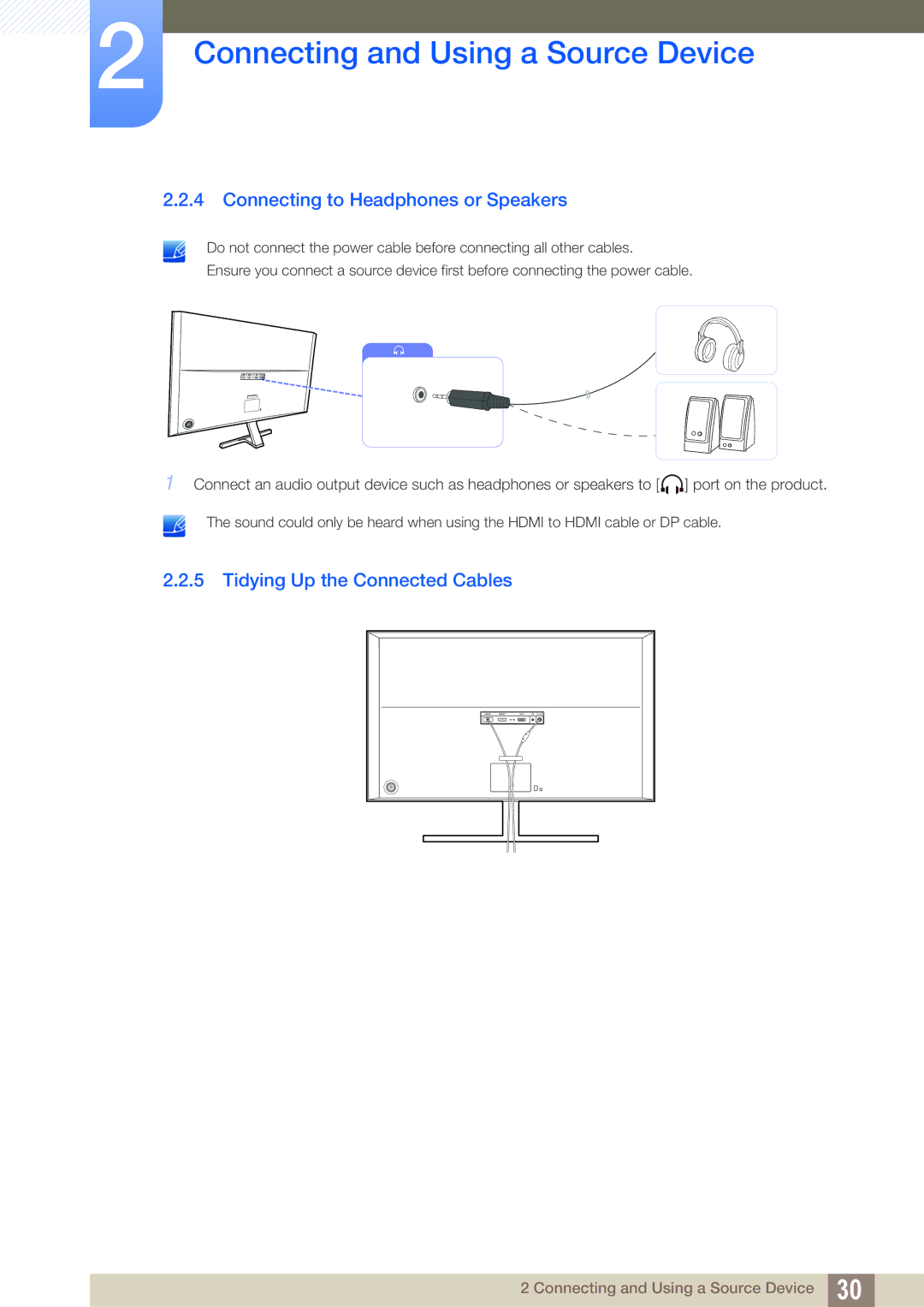 Samsung LU28D590DSG/XV, LU28D590DS/EN, LU28D590DS/UE Connecting to Headphones or Speakers, Tidying Up the Connected Cables 