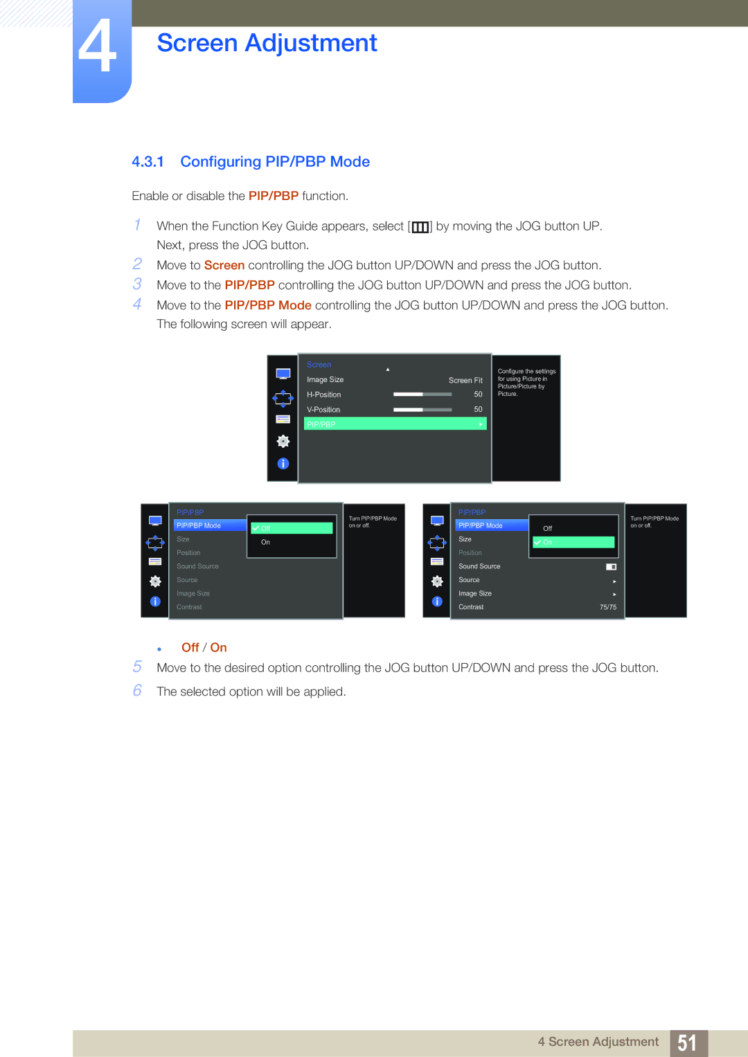 Samsung LU28D590DSG/XV, LU28D590DS/EN, LU28D590DS/UE, LU28D590DS/XV, LU28D590DS/KZ manual Configuring PIP/PBP Mode,  Off / On 