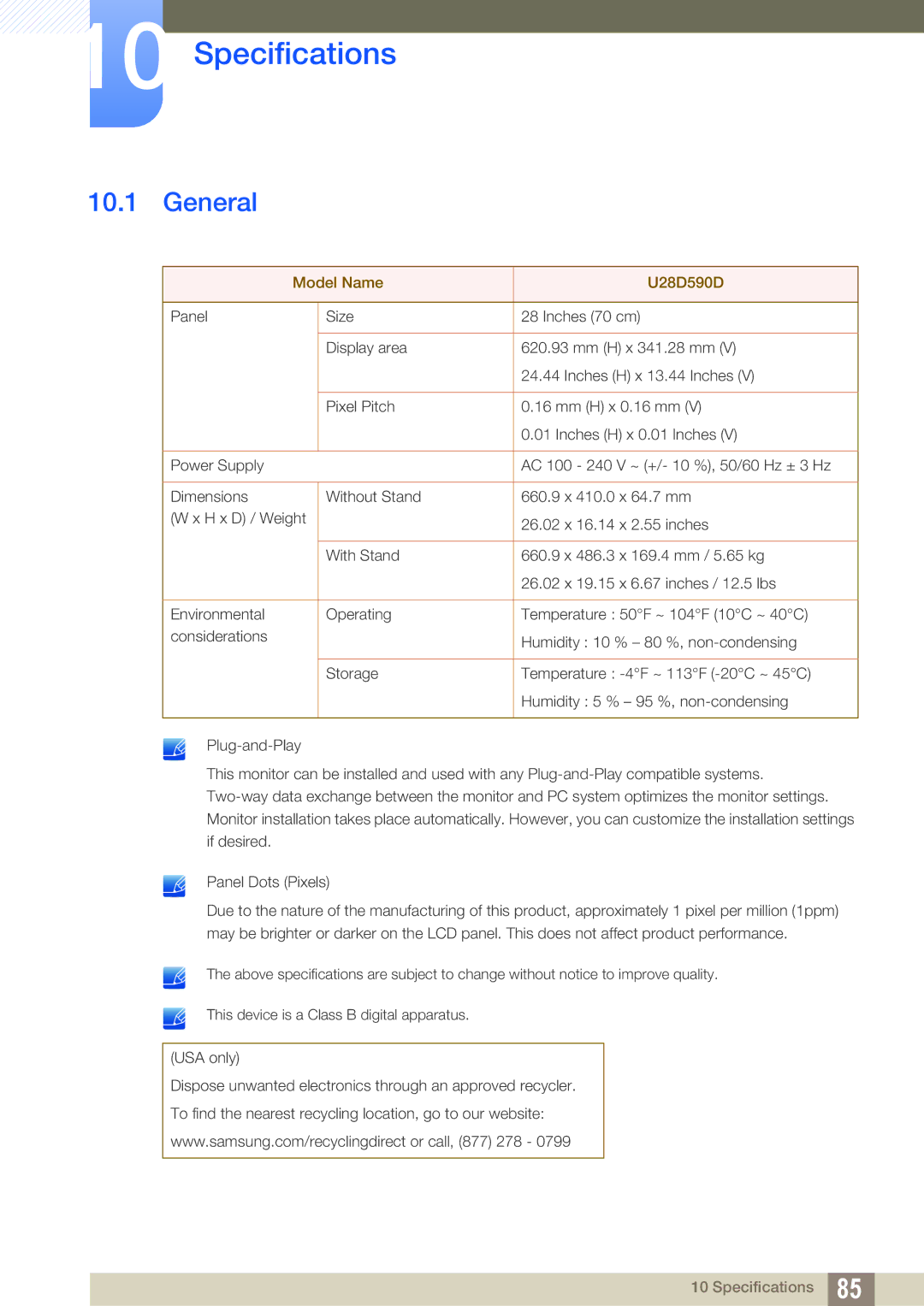 Samsung LU28D590DS/UE, LU28D590DS/EN, LU28D590DSG/XV, LU28D590DS/XV, LU28D590DS/KZ, LU28D590DS/CI manual Specifications, General 