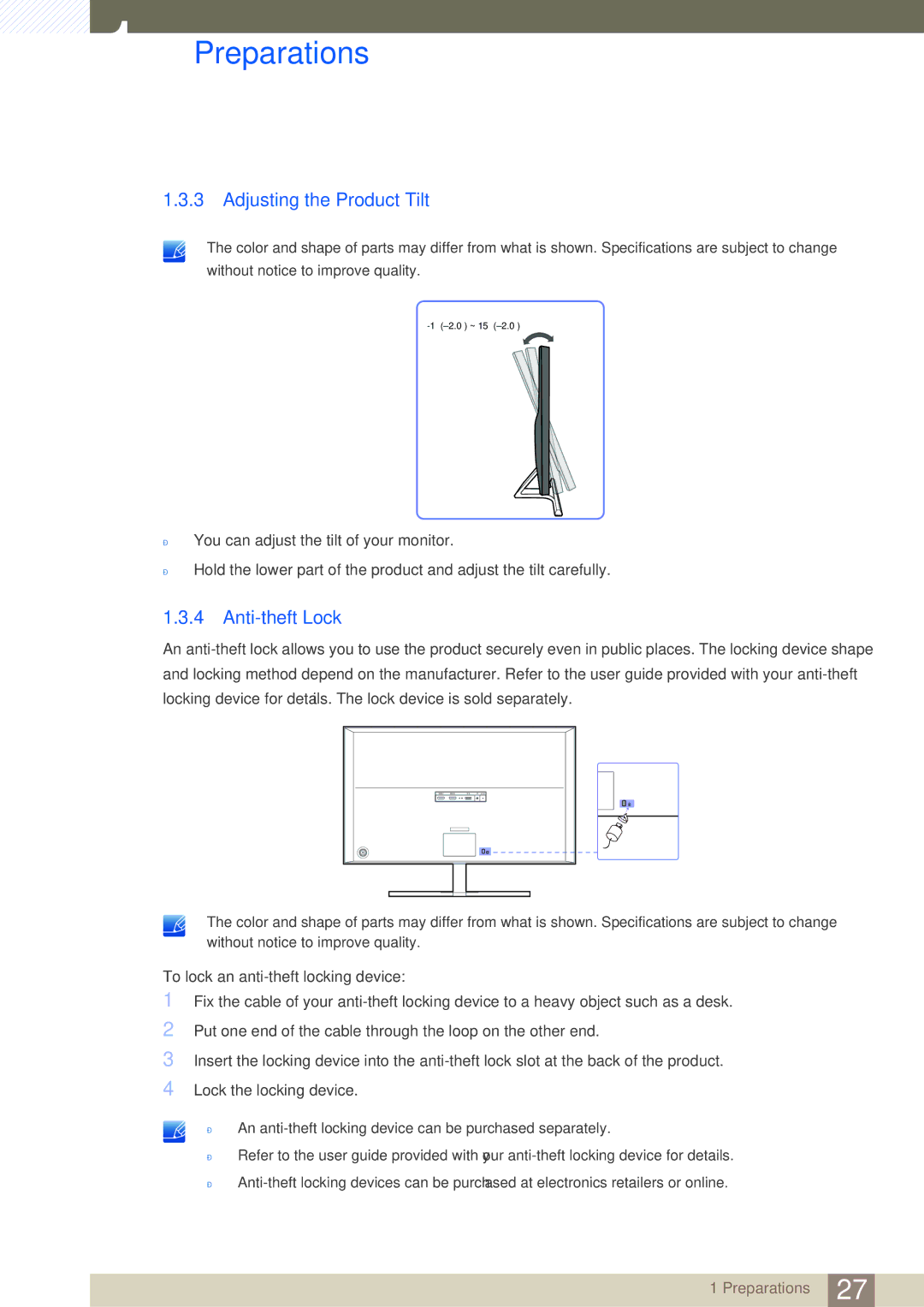 Samsung LU28D590DS/CH, LU28D590DS/EN, LU28D590DS/UE, LU28D590DSG/XV manual Adjusting the Product Tilt, Anti-theft Lock 