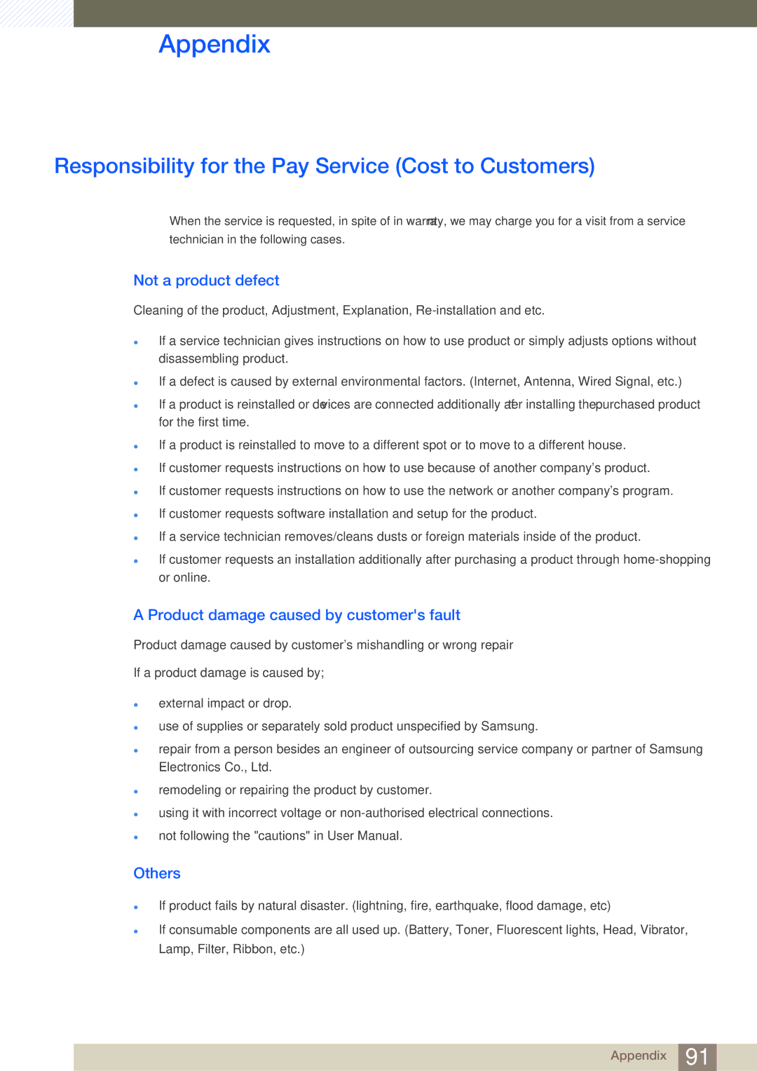 Samsung LU28D590DS/EN manual Appendix, Responsibility for the Pay Service Cost to Customers, Not a product defect, Others 