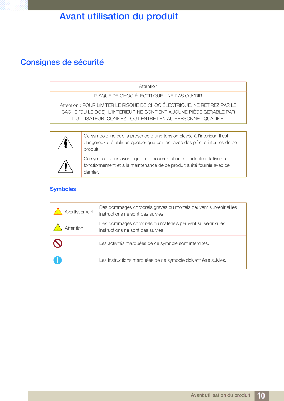 Samsung LU28D590DS/EN manual Consignes de sécurité, Symboles 