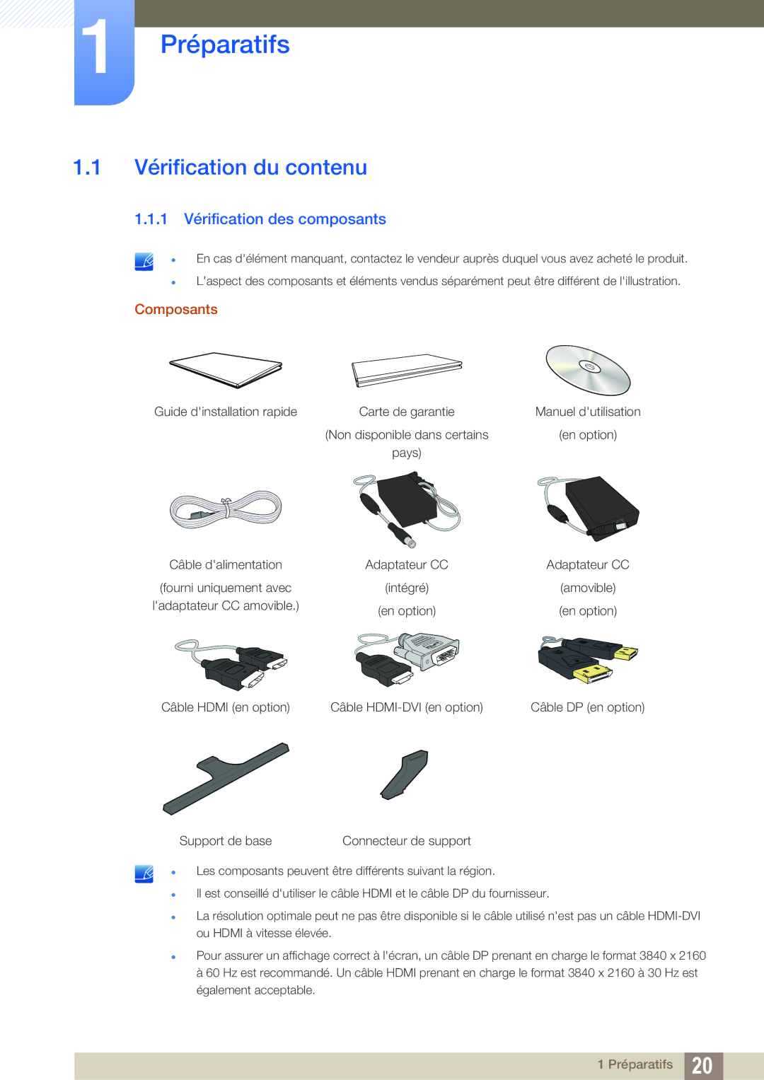 Samsung LU28D590DS/EN manual Préparatifs, Vérification du contenu, 1 Vérification des composants 