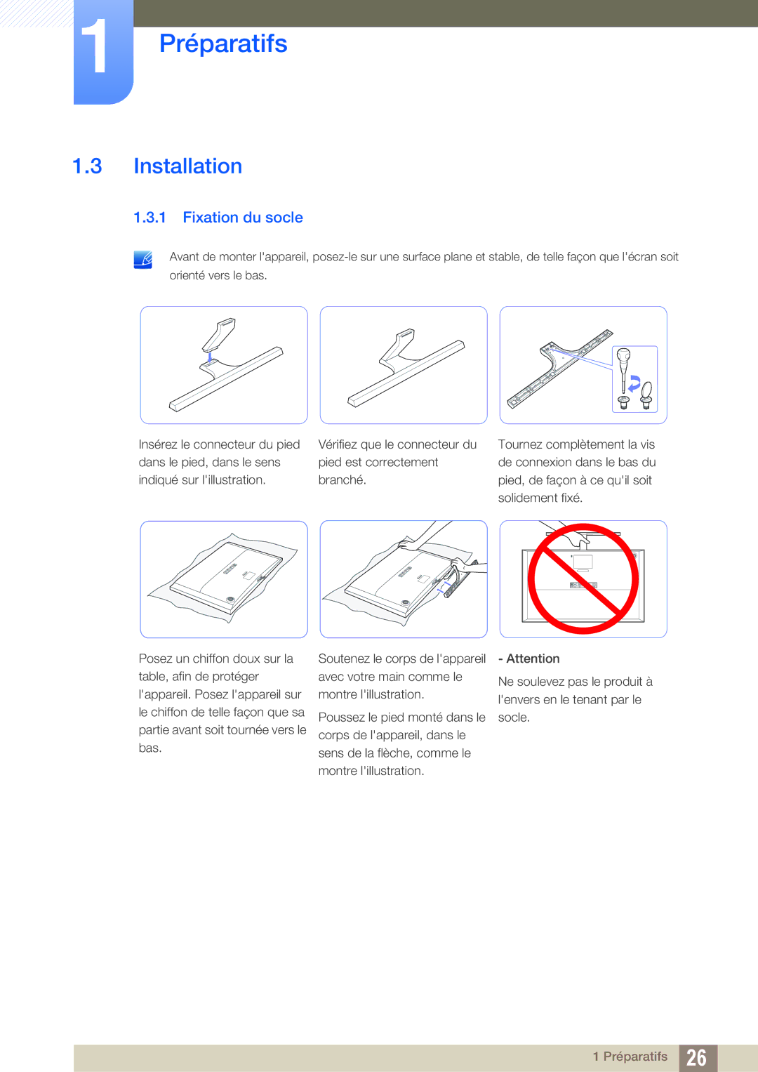 Samsung LU28D590DS/EN manual Installation, Fixation du socle 