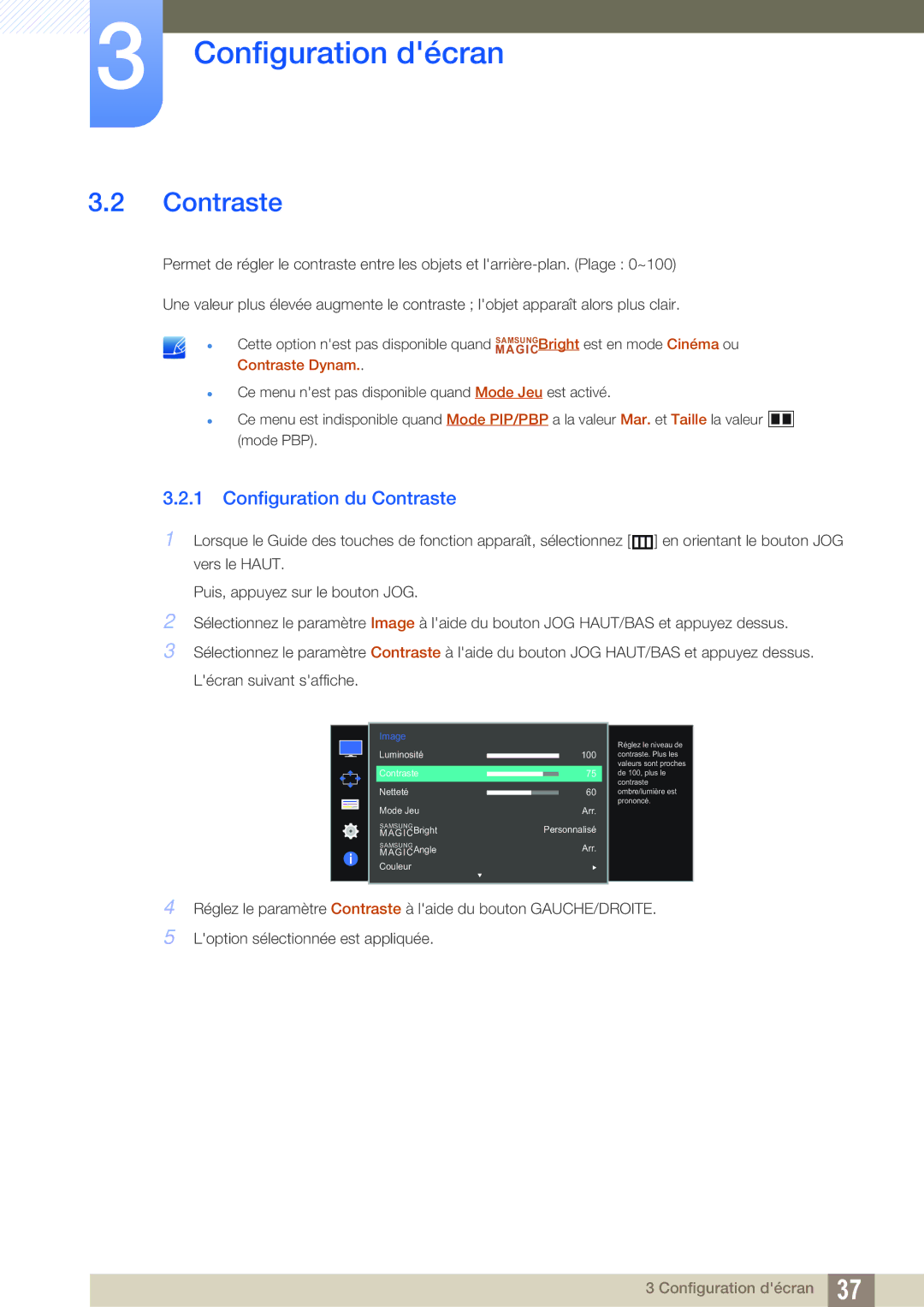 Samsung LU28D590DS/EN manual Configuration du Contraste, Contraste Dynam 