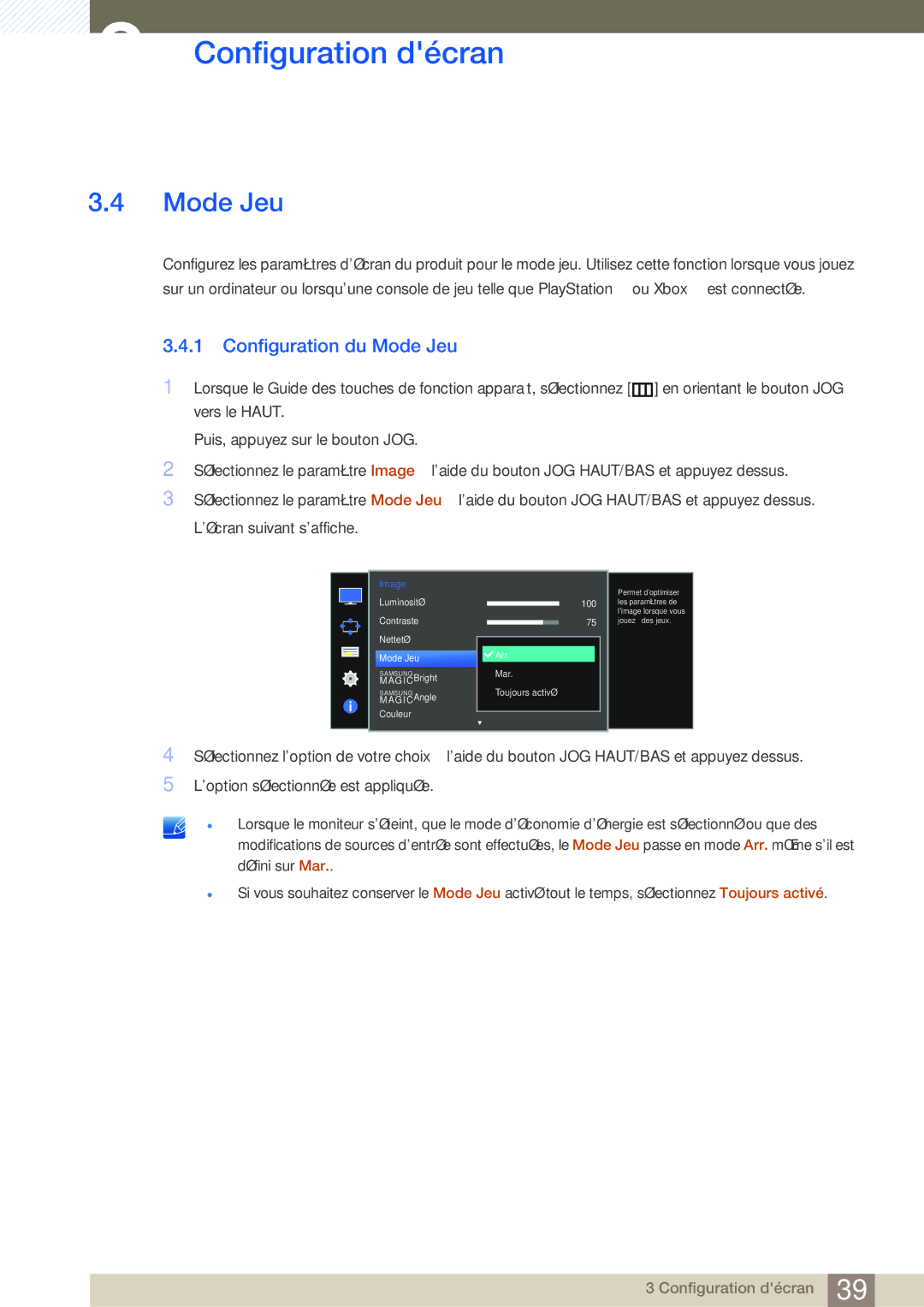 Samsung LU28D590DS/EN manual Configuration du Mode Jeu 