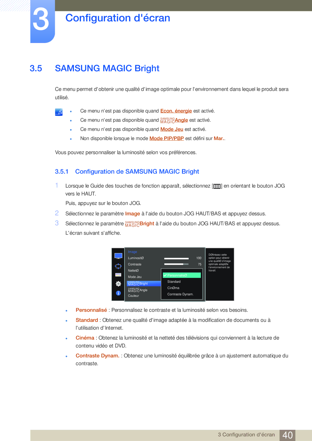 Samsung LU28D590DS/EN manual Configuration de Samsung Magic Bright 