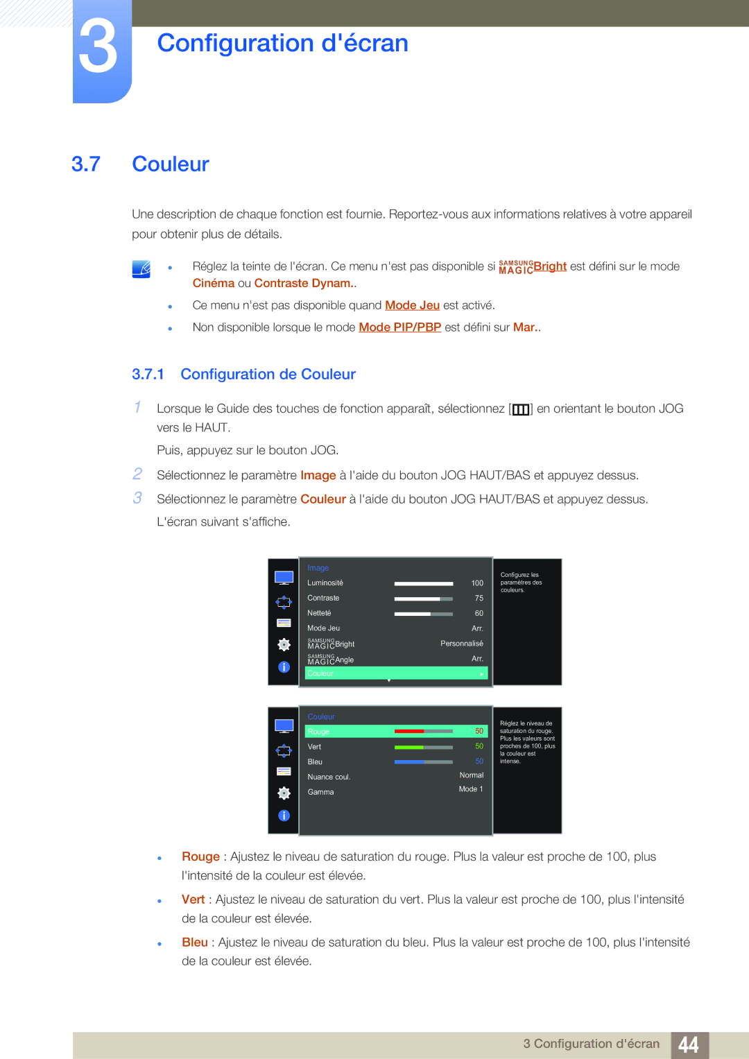 Samsung LU28D590DS/EN manual Configuration de Couleur, MAGIC Cinéma ou Contraste Dynam 